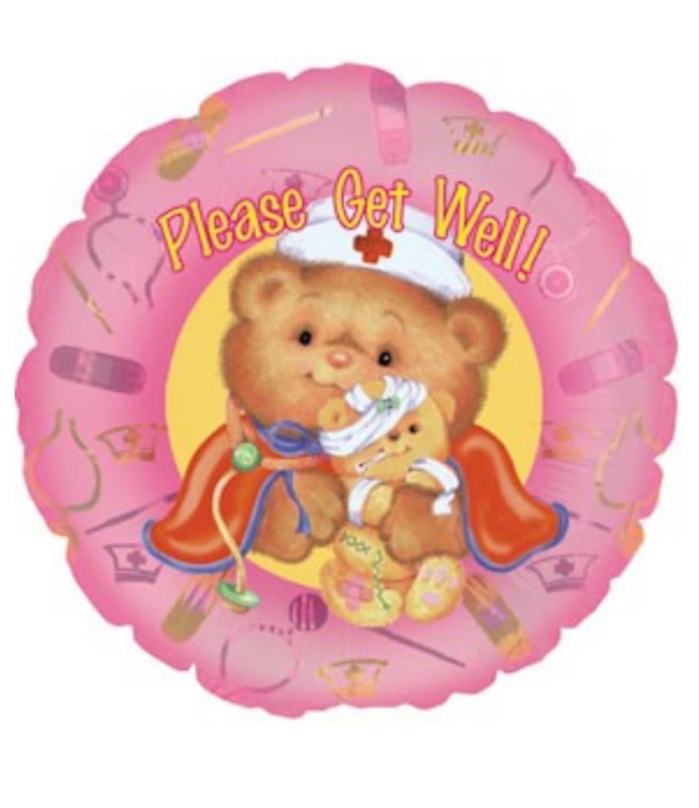 Pink get-well balloon with teddy bears and medical icons