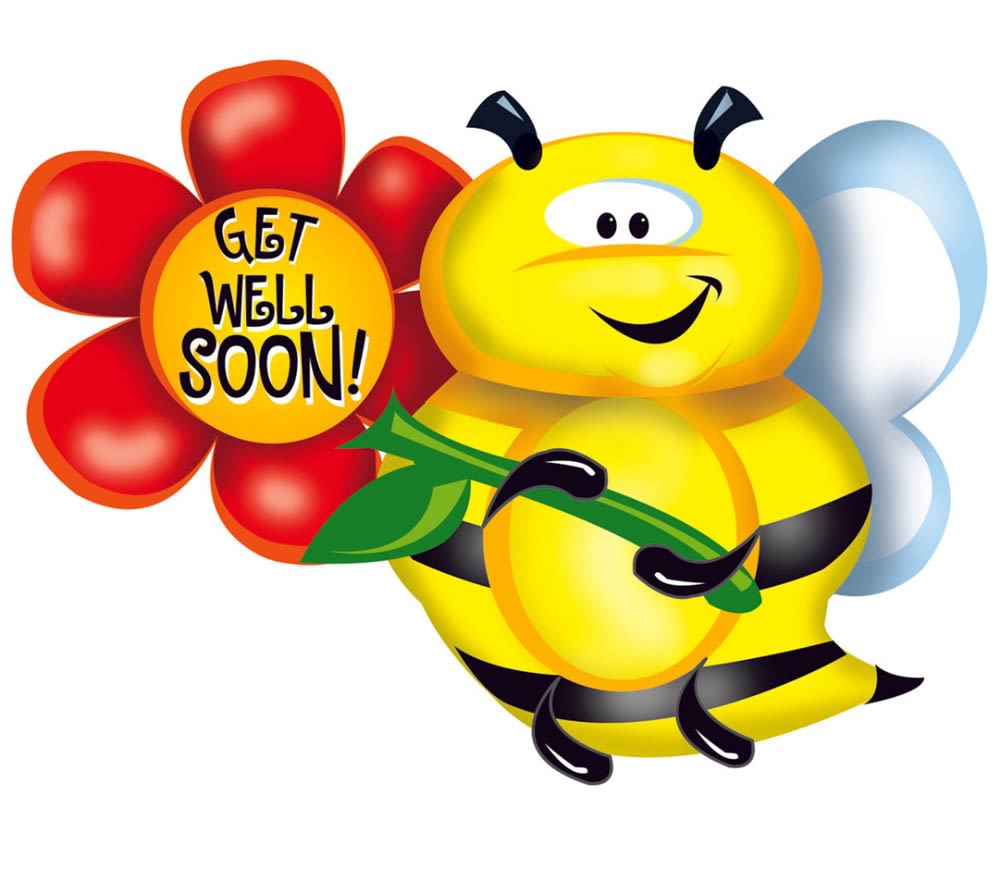 Cartoon bee holding a flower-shaped get well soon sign