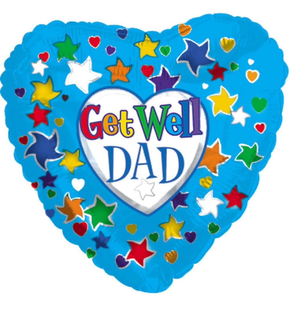 Heart-shaped blue balloon with "Get Well Dad" text and colorful stars