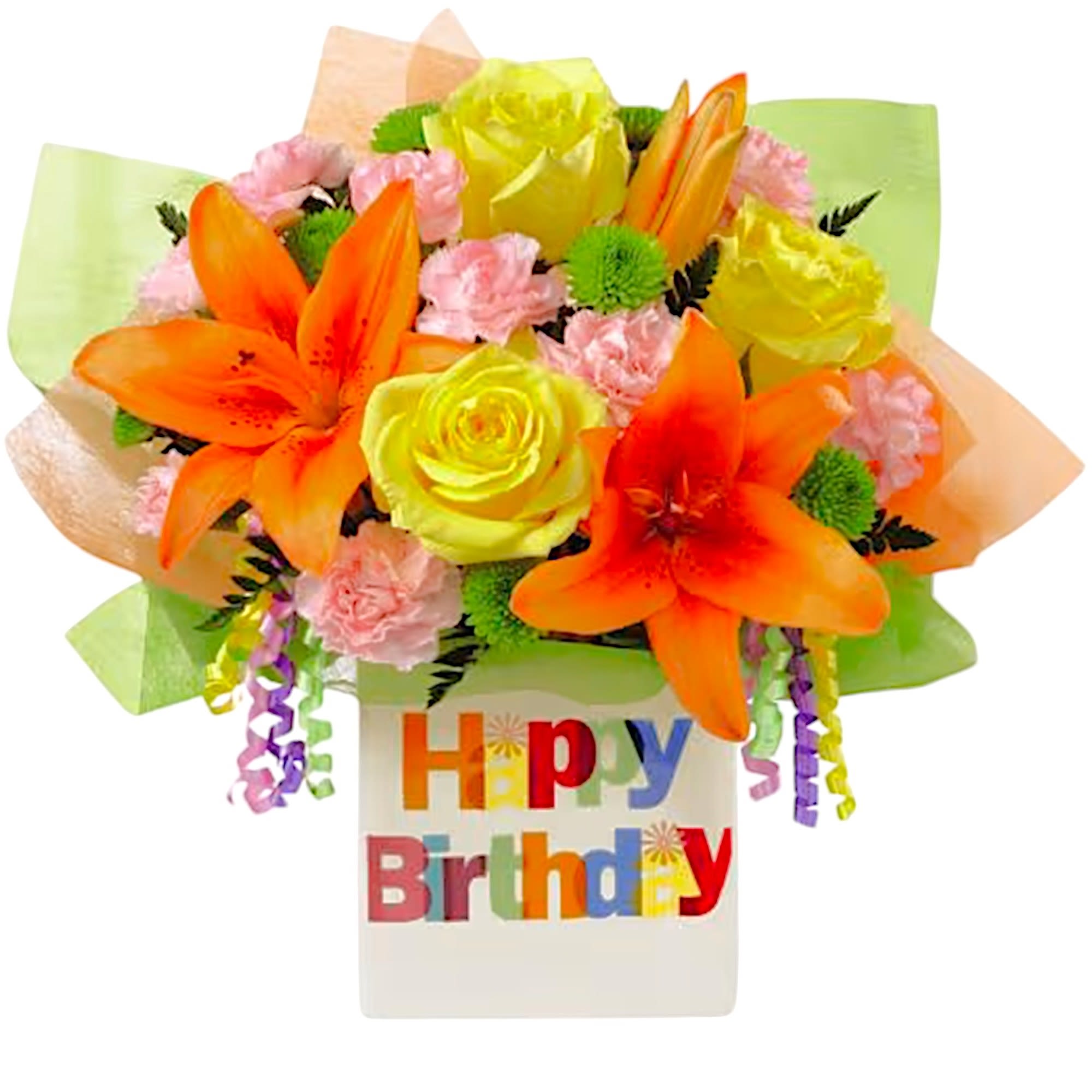 Bright bouquet of orange lilies, yellow roses, and pink carnations in a birthday vase