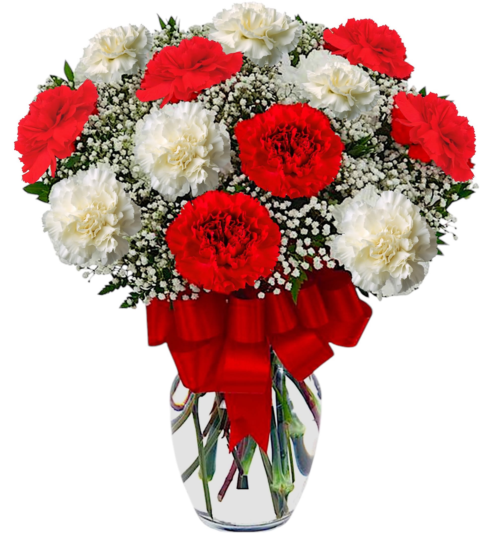 Red and white carnations in a clear glass vase with a red ribbon