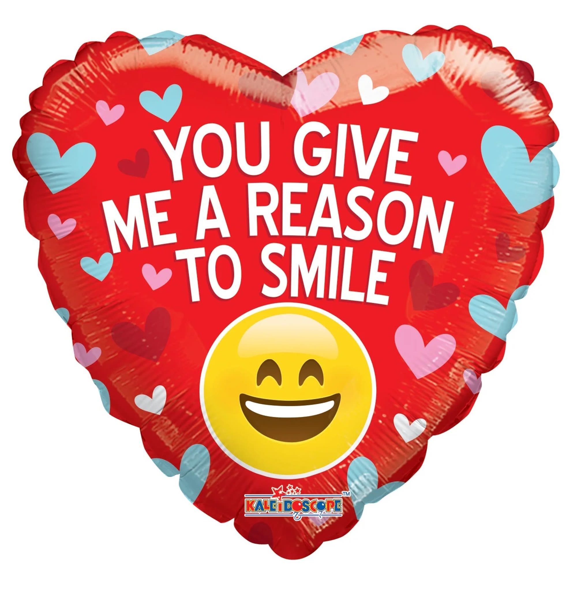 Heart-shaped red foil balloon with hearts and smiley face text