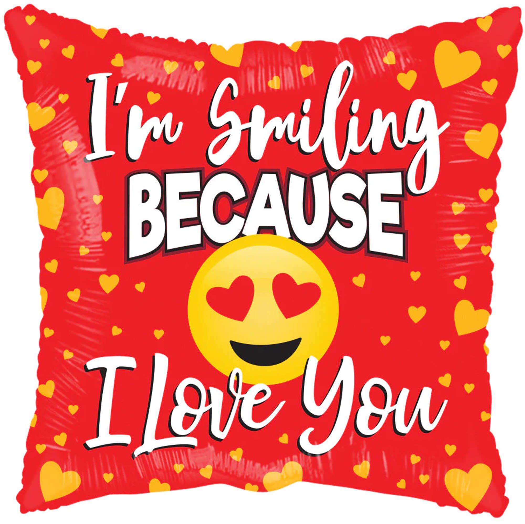 Red heart-patterned balloon with "I'm Smiling Because I Love You" text