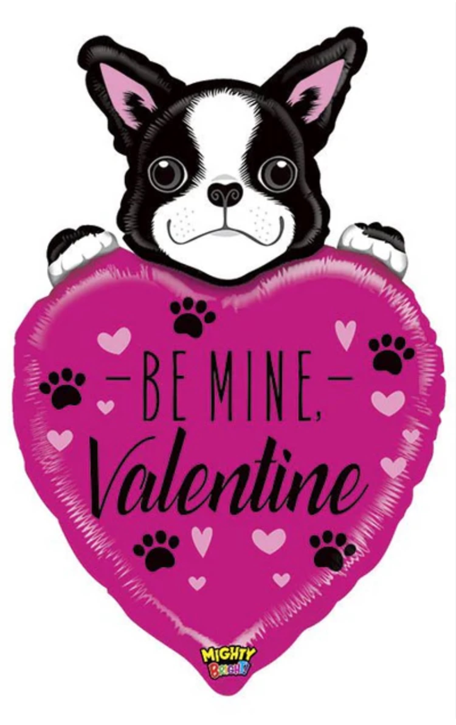 Pink heart-shaped balloon with a dog and "Be Mine, Valentine" text