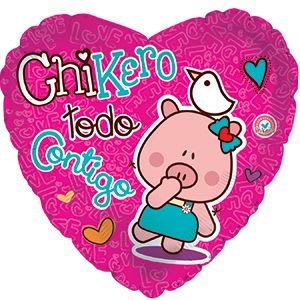 Heart-shaped pink balloon with a cartoon pig and "Chikero todo contigo" text