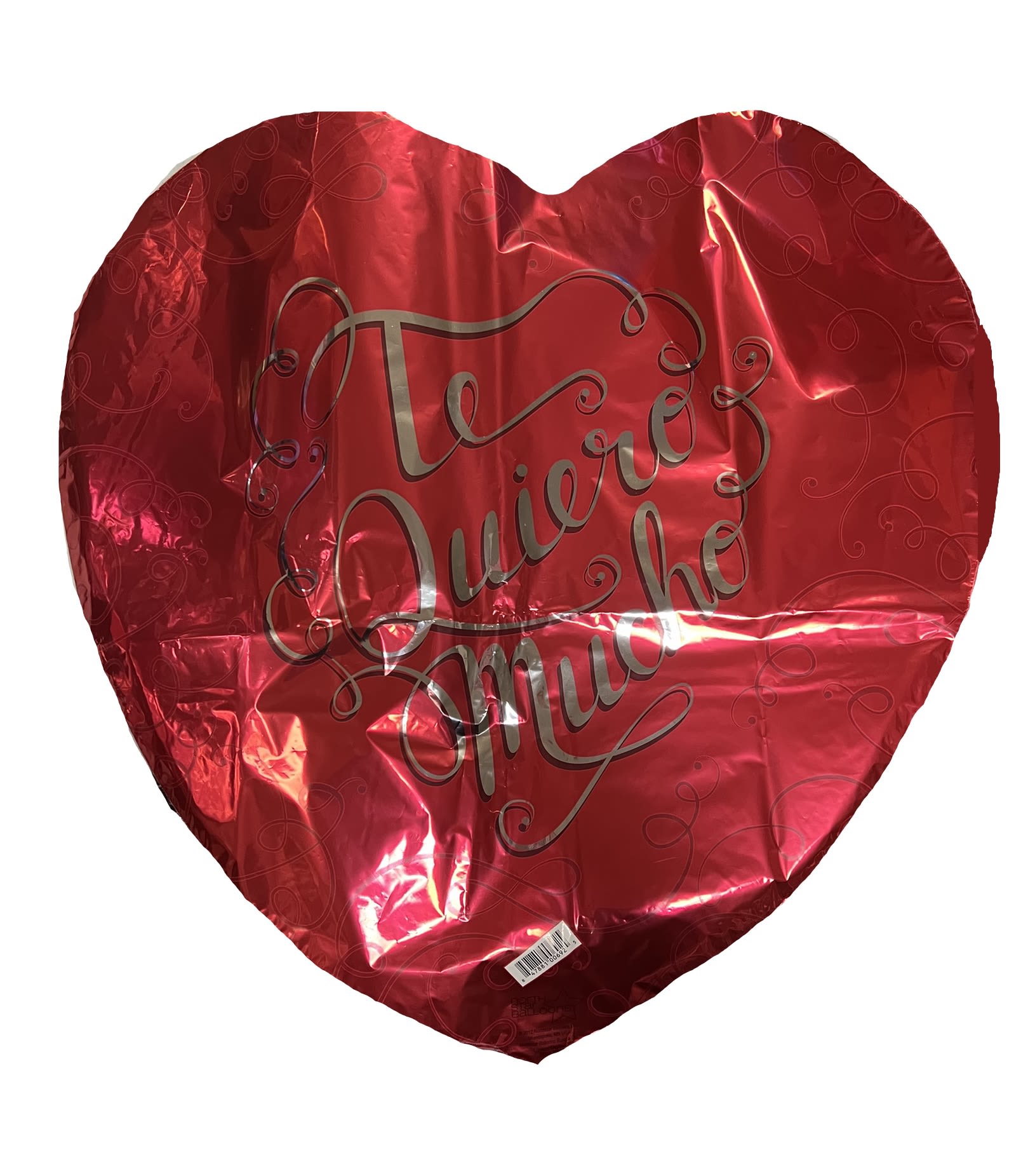 Heart-shaped red foil balloon with "Te Quiero Mucho" text