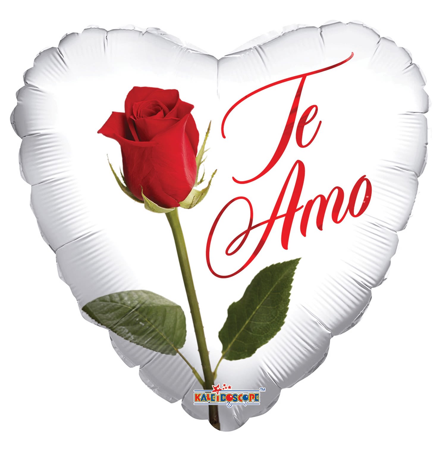 Heart-shaped balloon with a red rose and the words "Te Amo"