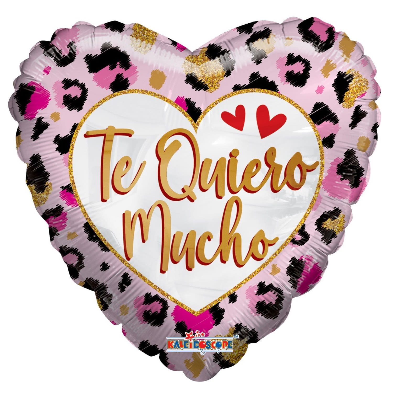 Heart-shaped balloon with leopard print and the words Te Quiero Mucho