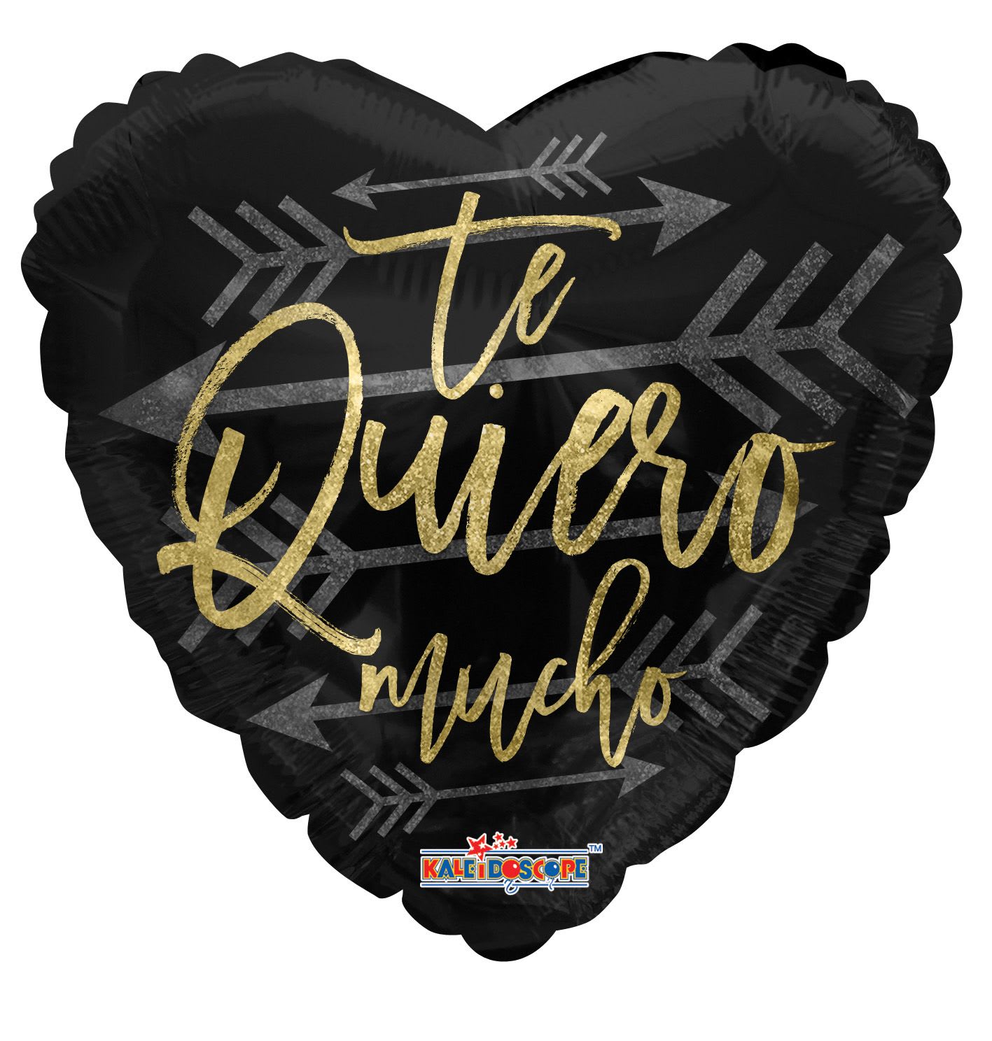 Black heart-shaped balloon with gold "Te Quiero mucho" text