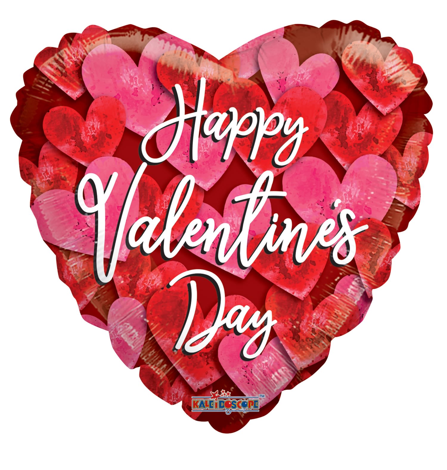 Heart-shaped Valentine’s Day balloon with pink and red hearts and text