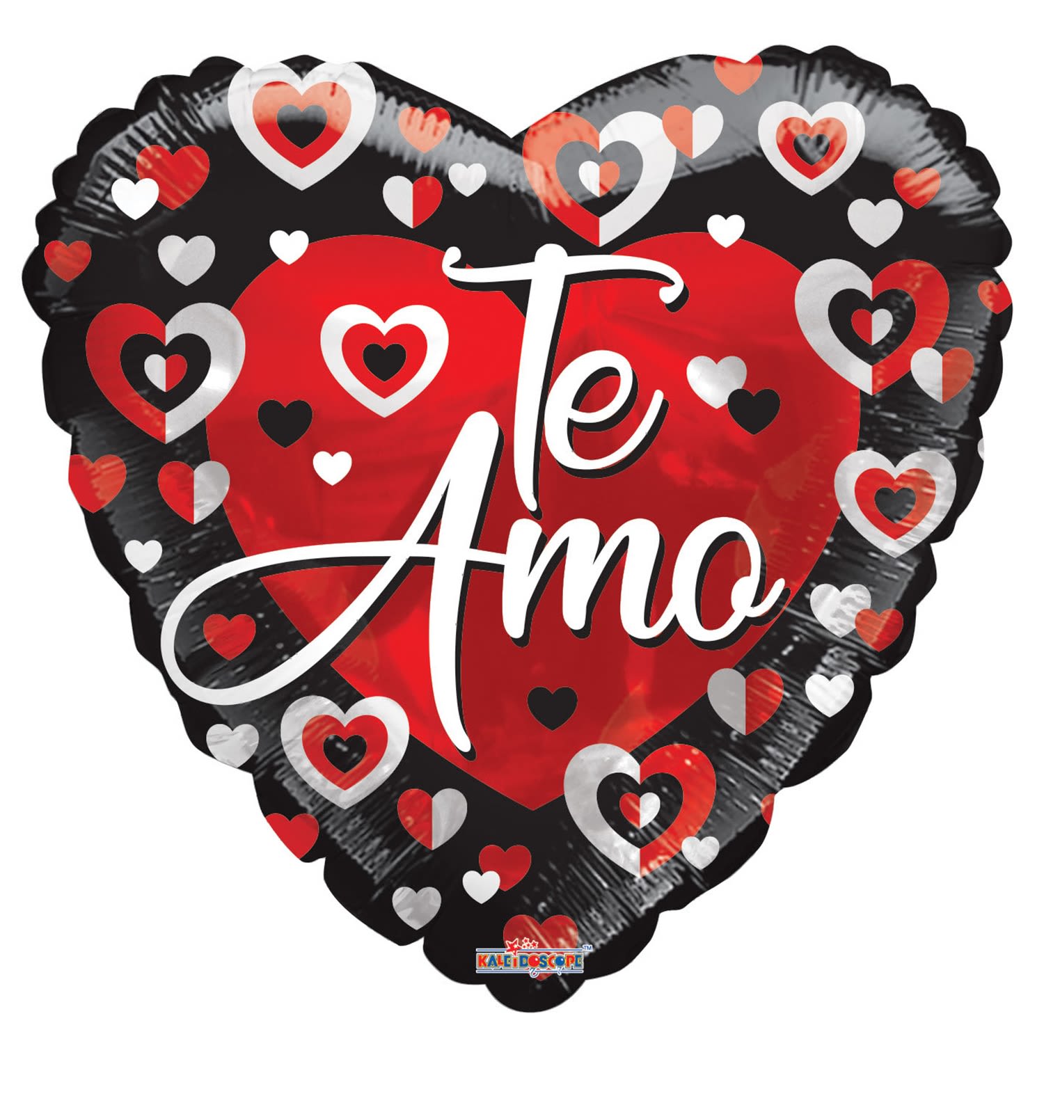 Heart-shaped balloon with red and black hearts and the words "Te Amo"