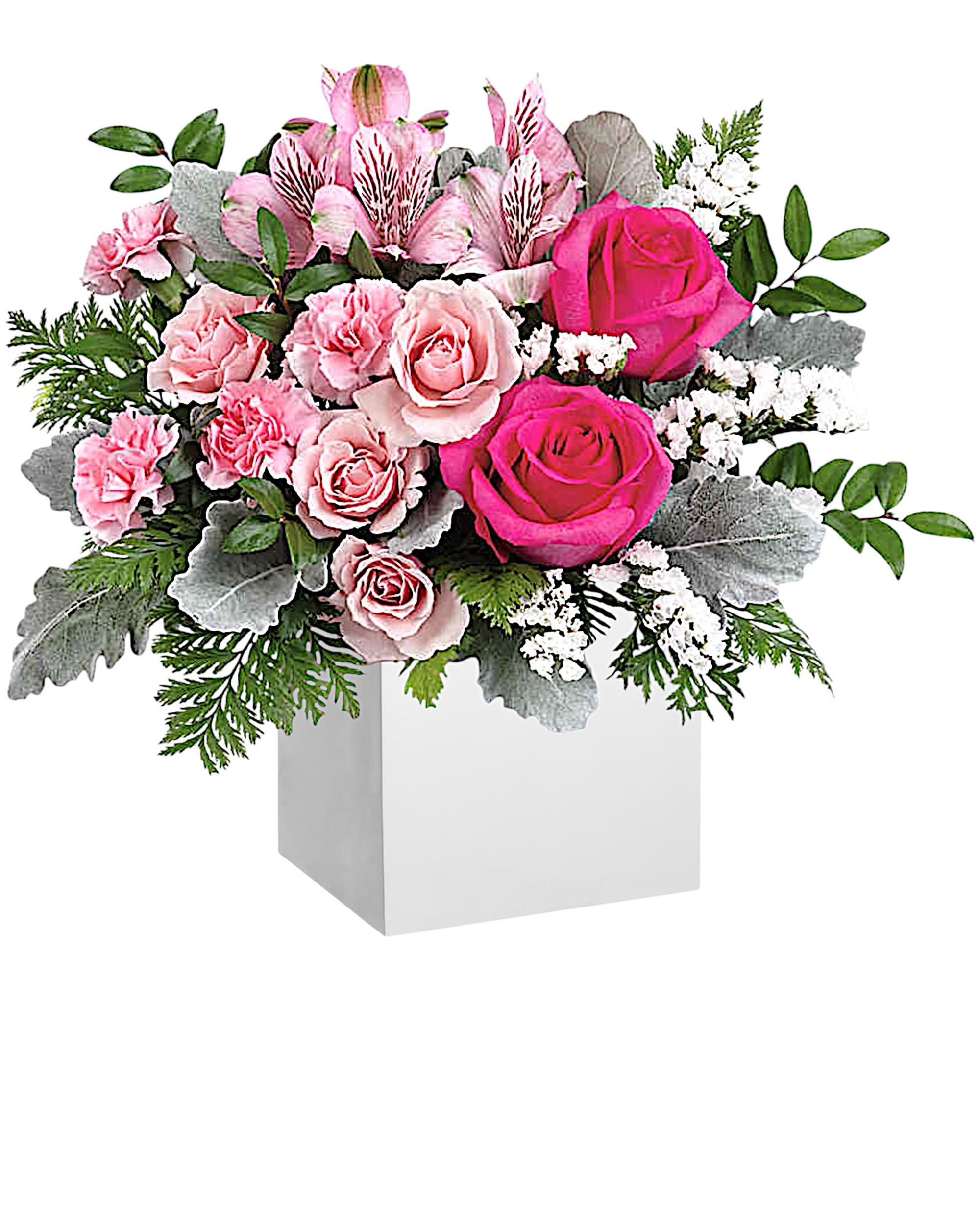 Pink rose and alstroemeria arrangement in a white box