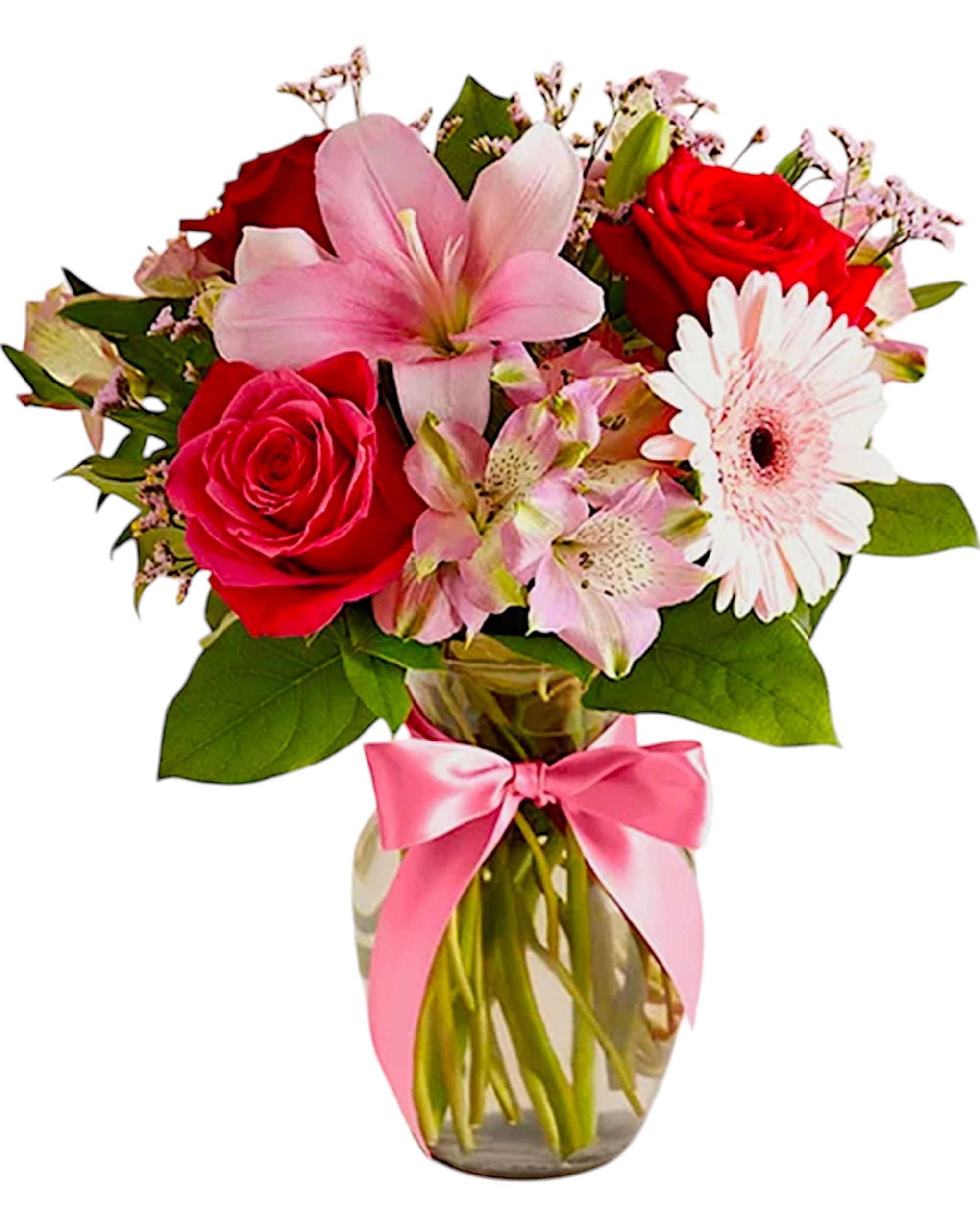 Fields of Europe Romance  - Inspired by the rich beauty of the European countryside, our romantic arrangement reveals all the feelings you have in your heart. Fresh-picked pink &amp; red blooms are on display inside a glass vase finished with ribbon, creating a timeless gift for someone you love.  DETAILS Red and hot pink roses, pink Asiatic lilies, Peruvian lilies (alstroemeria), Gerbera daisies and Limonium; accented with assorted greenery.  VASE INCLUDED 8"H Orientation: All-Around Item #NF-491  FLORIST-TO-DOOR Same day flower delivery on most orders placed by 12 pm or 10 am on weekends PST.  BLOOM DETAILS Roses Asiatic Lilies Alstroemerias Gerbera Daisies Limonium Filler Greenery  The Standard Arrangement is approx. 5" H x 11" W. The Deluxe Arrangement is approx. 16" H x 12" W. The Premium Arrangement is approx. 17"H x 13"W.  How to place an order?  1. You can place an order directly on this secure website. 2. You can call in your order by dialing: (323) 262 - 9238 3. You can visit our store (appointment recommended 323.262.9238)  NINFA'S FLOWERS 2405 WHITTIER BLVD. LOS ANGELES, CA. 90023  ATTENTION: *Please note that on busy holidays, Valentine's Day, and Mother's Day, we cannot verify if the recipient received the flowers until the following day. You can verify delivery on the website after 10:00 pm, call 323.262.9238 the following day after 10:00 am, or contact the recipient directly. Thank you for your patience and understanding.