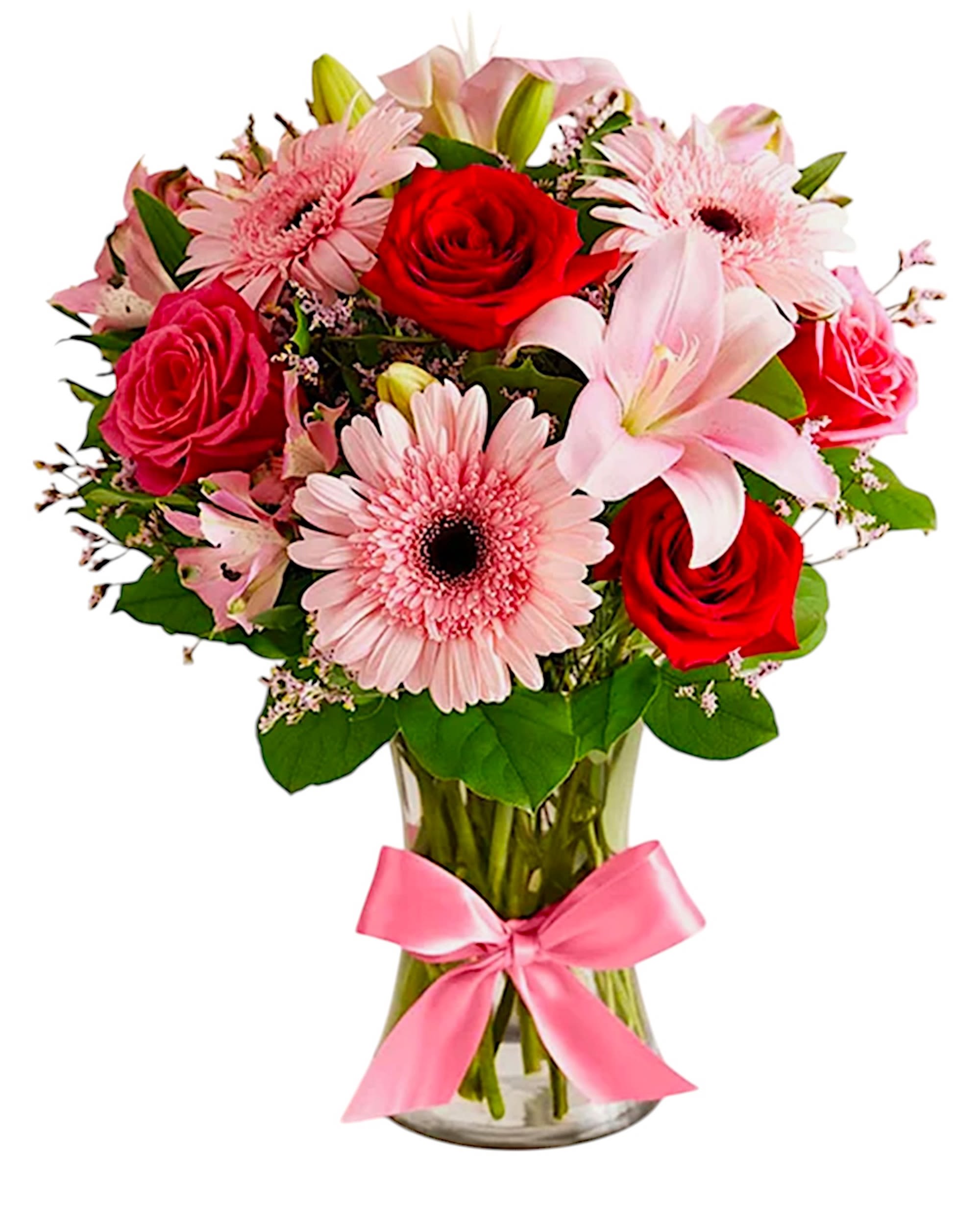 Fields of Europe Romance - Luxury - Inspired by the rich beauty of the European countryside, our romantic luxury arrangement reveals all the feelings you have in your heart. Fresh-picked pink &amp; red blooms are on display inside a glass vase finished with ribbon, creating a timeless gift for someone you love.  DETAILS Red and hot pink roses, pink Asiatic lilies, Peruvian lilies (alstroemeria), Gerbera daisies and Limonium; accented with assorted greenery.  VASE INCLUDED 8"H Orientation: All-Around Item #NF-492  FLORIST-TO-DOOR Same day flower delivery on most orders placed by 12 pm or 10 am on weekends PST.  BLOOM DETAILS Roses Asiatic Lilies Alstroemerias Gerbera Daisies Limonium Filler Greenery  The Standard Arrangement is approx. 18" H x 14" W. The Deluxe Arrangement is approx. 18 1/2" H x 14 1/2" W. The Premium Arrangement is approx. 19"H x 15"W.  How to place an order?  1. You can place an order directly on this secure website. 2. You can call in your order by dialing: (323) 262 - 9238 3. You can visit our store (appointment recommended 323.262.9238)  NINFA'S FLOWERS 2405 WHITTIER BLVD. LOS ANGELES, CA. 90023  ATTENTION: *Please note that on busy holidays, Valentine's Day, and Mother's Day, we cannot verify if the recipient received the flowers until the following day. You can verify delivery on the website after 10:00 pm, call 323.262.9238 the following day after 10:00 am, or contact the recipient directly. Thank you for your patience and understanding.