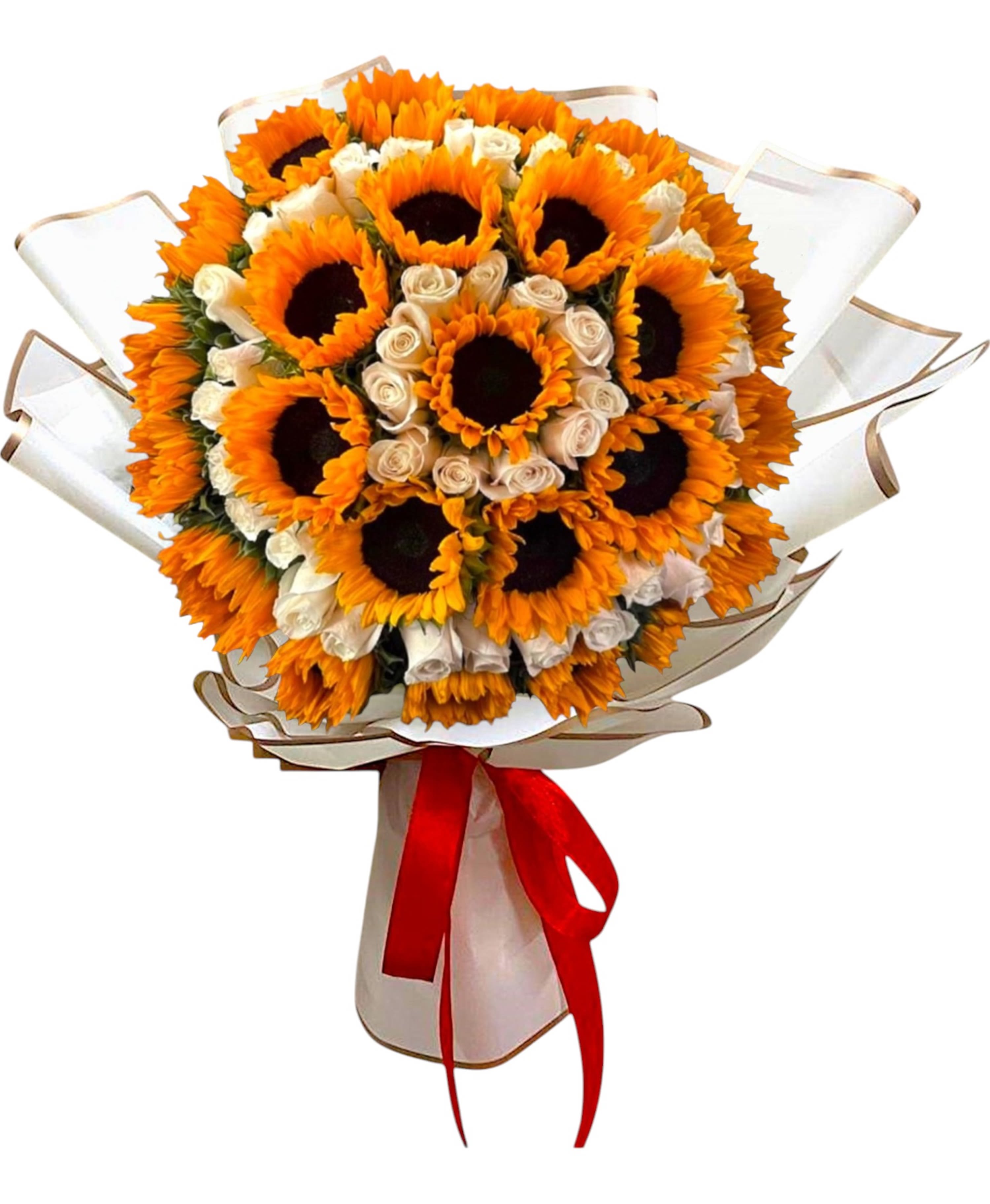 Bouquet of sunflowers and white roses wrapped with a red ribbon