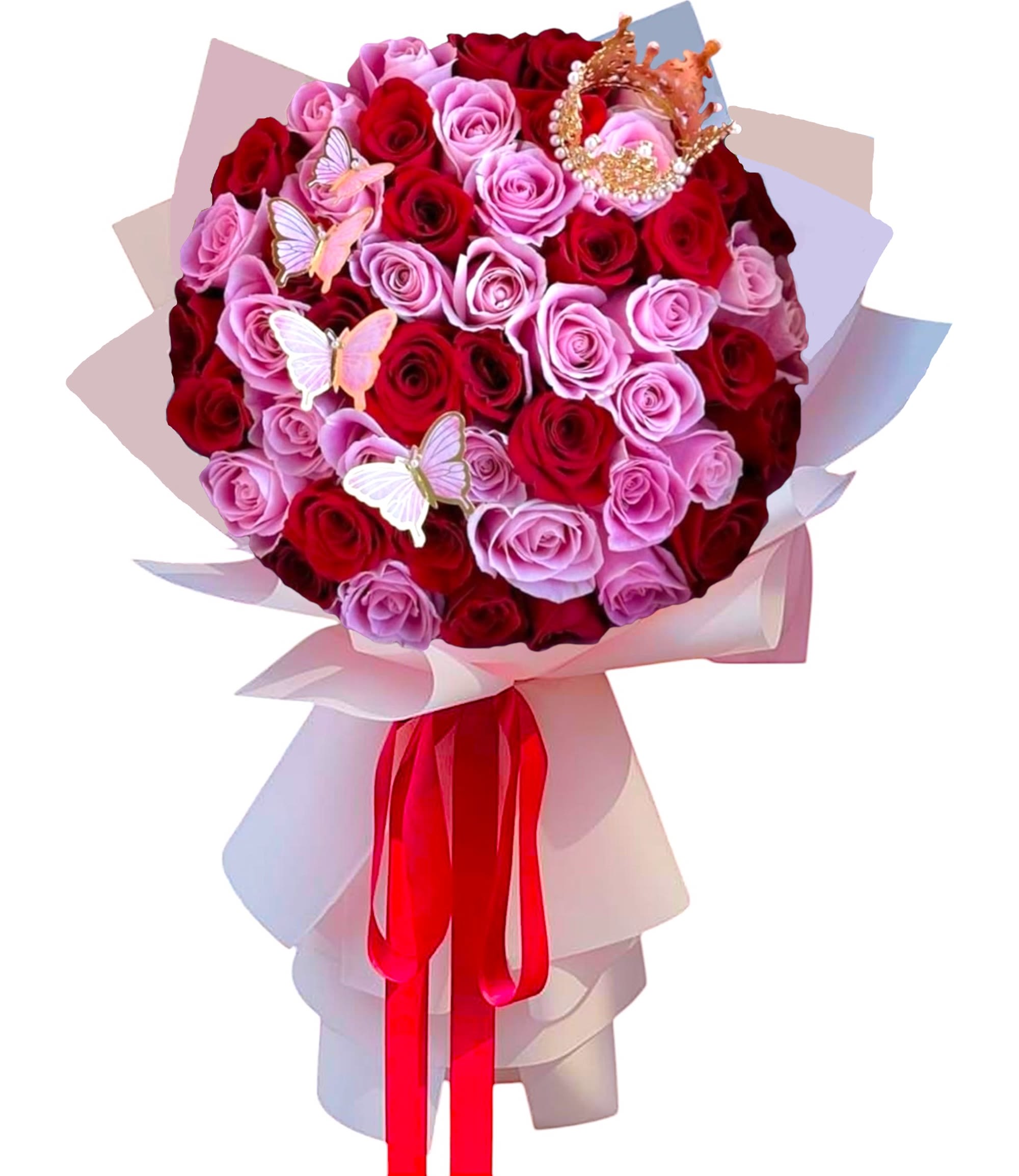 Pink and Red Ramo Buchon - Bouquet - Surprise them with 50, 75, or 100 beautiful pink and red long stem roses. They'll be dazzled by this classic gift - and impressed by your impeccable taste.  DETAILS A bouquet of beautiful red and pink long stem roses with a small decorative crown and 4 decorative butterflies, the bouquet is wrapped in paper.   VASE NOT INCLUDED Orientation: All-Around Item #NF-494  FLORIST-TO-DOOR Same day flower delivery on most orders placed online by 12 pm or 10 am on weekends PST.  BLOOM DETAILS Roses  The Standard Bouquet - 50 Roses (Shown) The Deluxe Bouquet - 75 Roses The Premium Bouquet - 100 Roses  How to place an order?  1. You can place an order directly on this secure website. 2. You can call in your order by dialing: (323) 262 - 9238 3. You can visit our store (appointment recommended 323.262.9238)  NINFA'S FLOWERS 2405 WHITTIER BLVD. LOS ANGELES, CA. 90023  ATTENTION: *Please note that on busy holidays, Valentine's Day, and Mother's Day, we cannot verify if the recipient received the flowers until the following day. You can verify delivery on the website after 10:00 pm, call 323.262.9238 the following day after 10:00 am, or contact the recipient directly. Thank you for your patience and understanding.