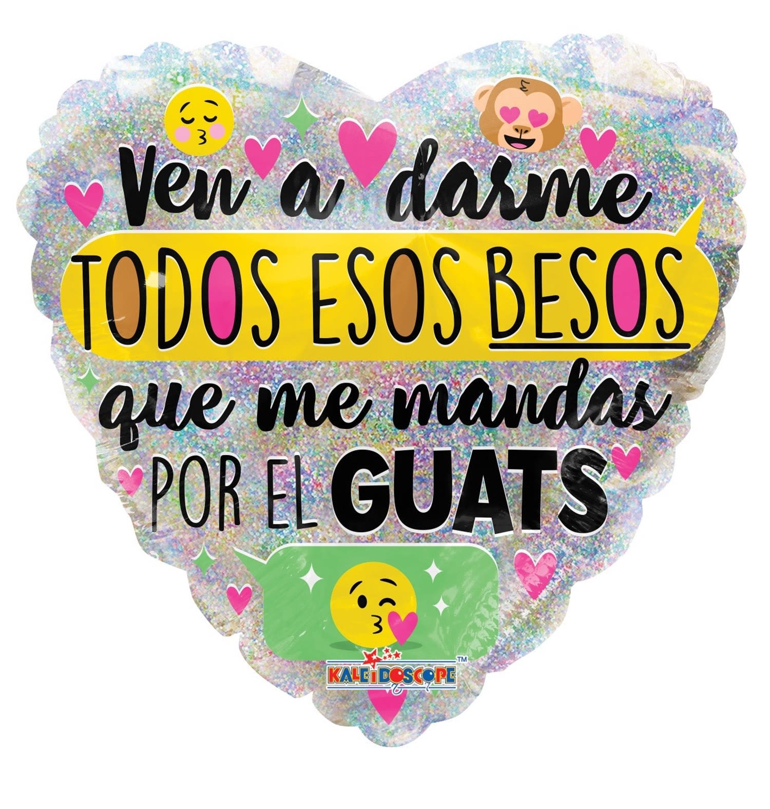 Heart-shaped foil balloon with Spanish text and emoji graphics