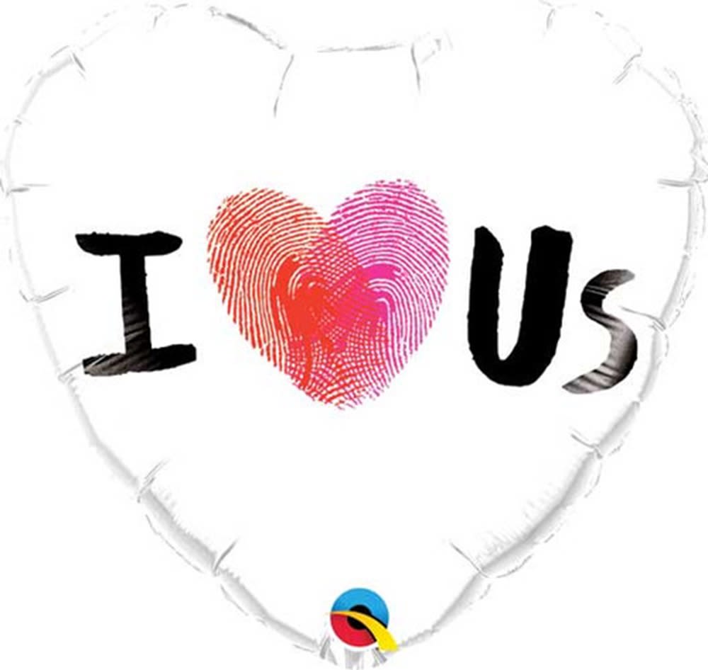 Heart-shaped balloon with "I ♥ US" text