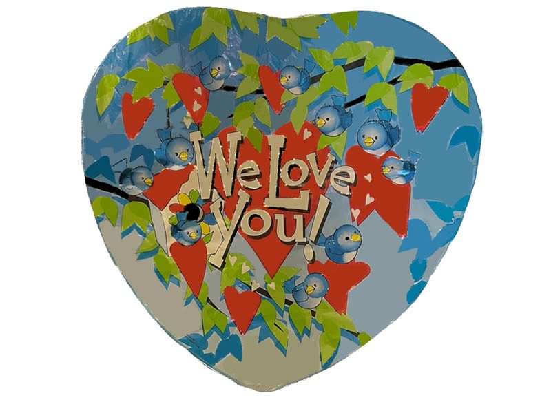 Heart-shaped balloon with "We Love You!" text and colorful bird and heart pattern
