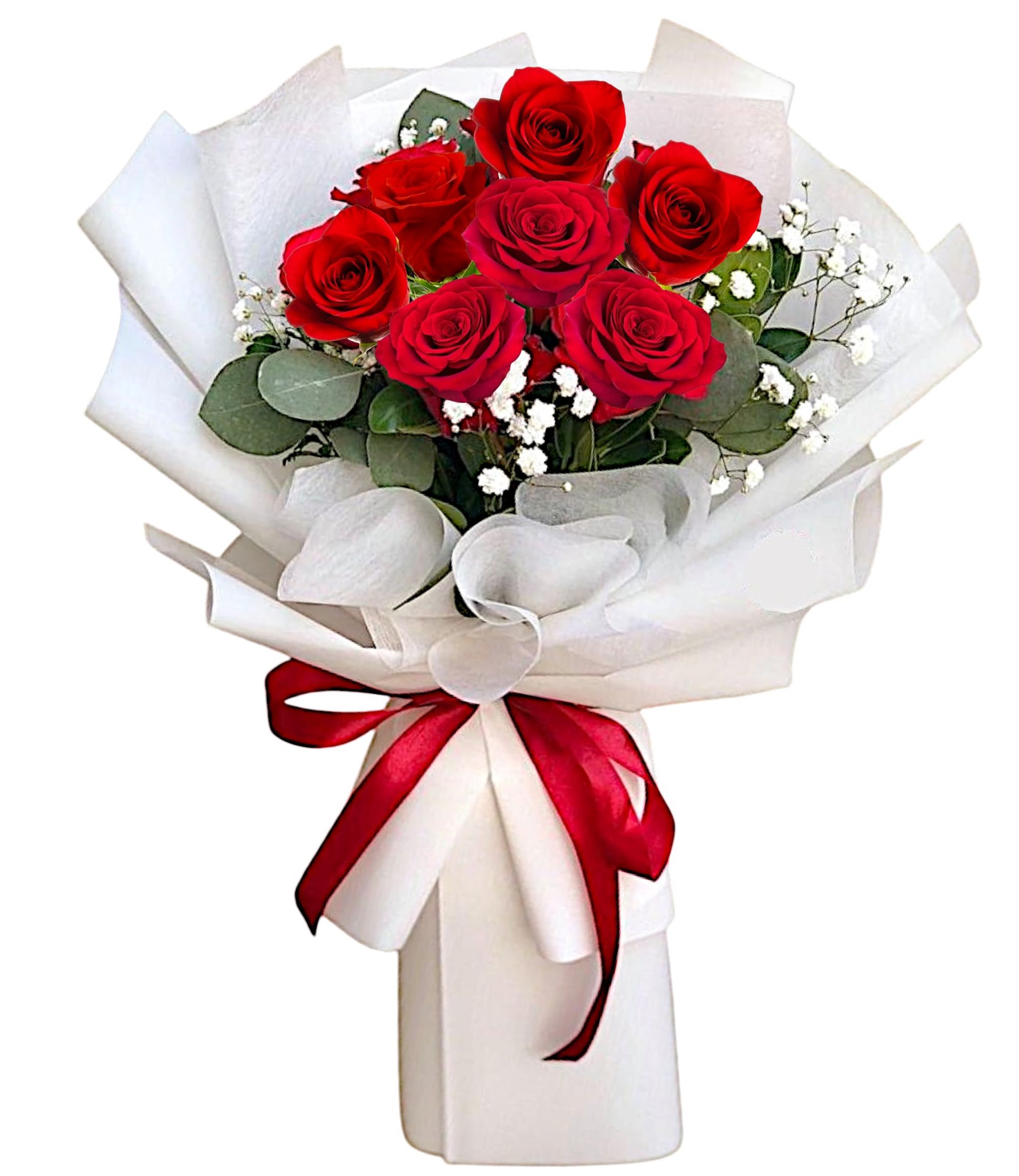 Bouquet of red roses wrapped in white paper with a red ribbon