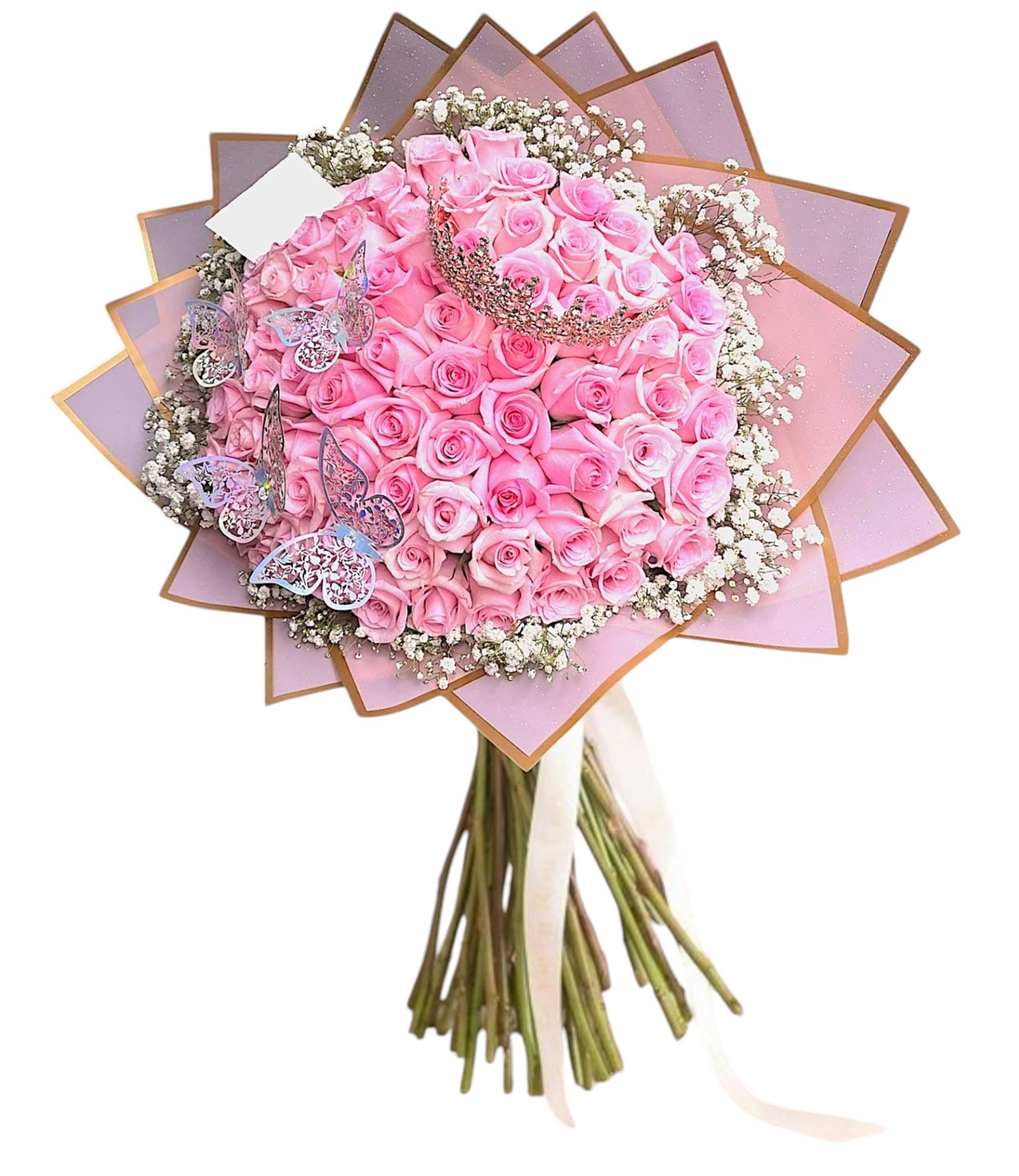 Pink rose bouquet with baby’s breath and butterfly decorations