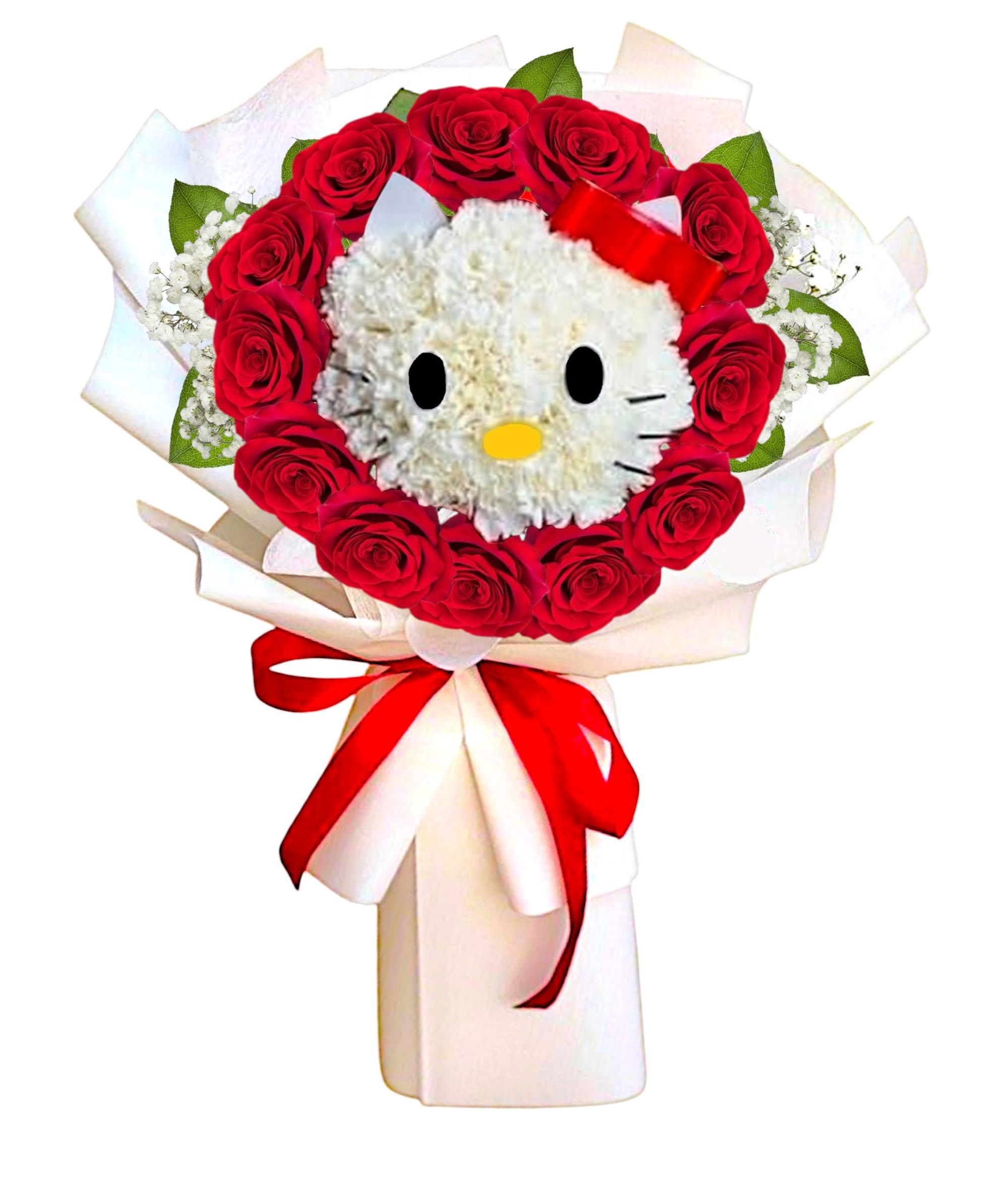 Heart-shaped bouquet of red roses with a Hello Kitty face centerpiece