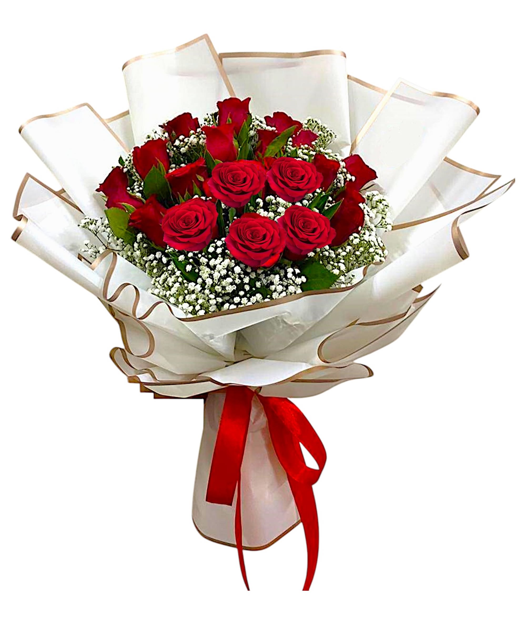 My True Love Bouquet - Surprise them with two, three, or four beautiful dozens of perfectly red roses. They'll be dazzled by this classic gift - and impressed by your impeccable taste.  DETAILS A bouquet of red beautiful roses with baby's breath filler and greens, wrapped in paper.   VASE NOT INCLUDED Orientation: All-Around Item #NF-499  FLORIST-TO-DOOR Same day flower delivery on most orders placed online by 12 pm or 10 am on weekends PST.  BLOOM DETAILS Roses Baby's Breath Filler Greenery  The Standard Bouquet - 24 Red Roses (Shown) The Deluxe Bouquet - 36 Red Roses The Premium Bouquet - 48 Red Roses  How to place an order?  1. You can place an order directly on this secure website. 2. You can call in your order by dialing: (323) 262 - 9238 3. You can visit our store (appointment recommended 323.262.9238)  NINFA'S FLOWERS 2405 WHITTIER BLVD. LOS ANGELES, CA. 90023  ATTENTION: *Please note that on busy holidays, Valentine's Day, and Mother's Day, we cannot verify if the recipient received the flowers until the following day. You can verify delivery on the website after 10:00 pm, call 323.262.9238 the following day after 10:00 am, or contact the recipient directly. Thank you for your patience and understanding.