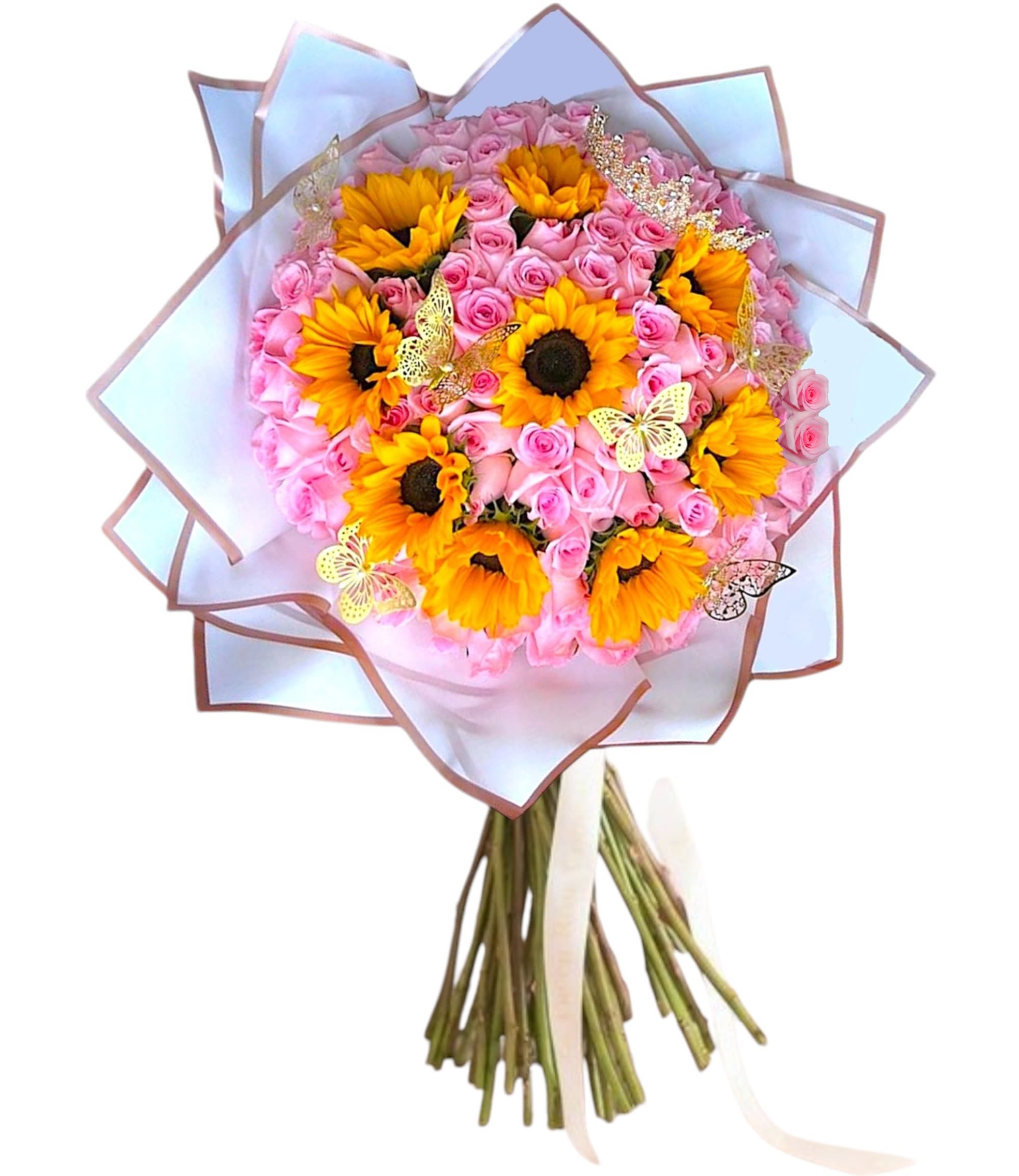 Fit For a Queen Pink Roses and Sunnies Ramo Buchon - Surprise them with a beautiful bouquet of pink roses and yellow sunflowers wrapped in paper, including 6 gold decorative butterflies and a gold crown fit for a queen. They'll be dazzled by this beautiful gift - and impressed by your impeccable taste.  DETAILS Beautiful pink roses and yellow sunflowers, wrapped in paper.   VASE NOT INCLUDED Orientation: All-Around Item #NF-503  FLORIST-TO-DOOR Same day flower delivery on most orders placed online by 12 pm or 10 am on weekends PST.  BLOOM DETAILS Roses  The Standard Bouquet - 75 Pink Roses &amp; 9 Yellow Sunflowers (Shown) The Deluxe Bouquet - 85 Pink Roses &amp; 9 Yellow Sunflowers The Premium Bouquet - 95 Roses &amp; 9 Yellow Sunflowers  How to place an order?  1. You can place an order directly on this secure website. OR 2. You can call in your order by dialing: (323) 262 - 9238 OR 3. You can visit our store (appointment recommended 323.262.9238)  NINFA'S FLOWERS 2405 WHITTIER BLVD. LOS ANGELES, CA. 90023  ATTENTION: *Please note that on busy holidays, Valentine's Day, and Mother's Day, we cannot verify if the recipient received the flowers until the following day. You can verify delivery on the website after 10:00 pm, call 323.262.9238 the following day after 10:00 am, or contact the recipient directly. Thank you for your patience and understanding.