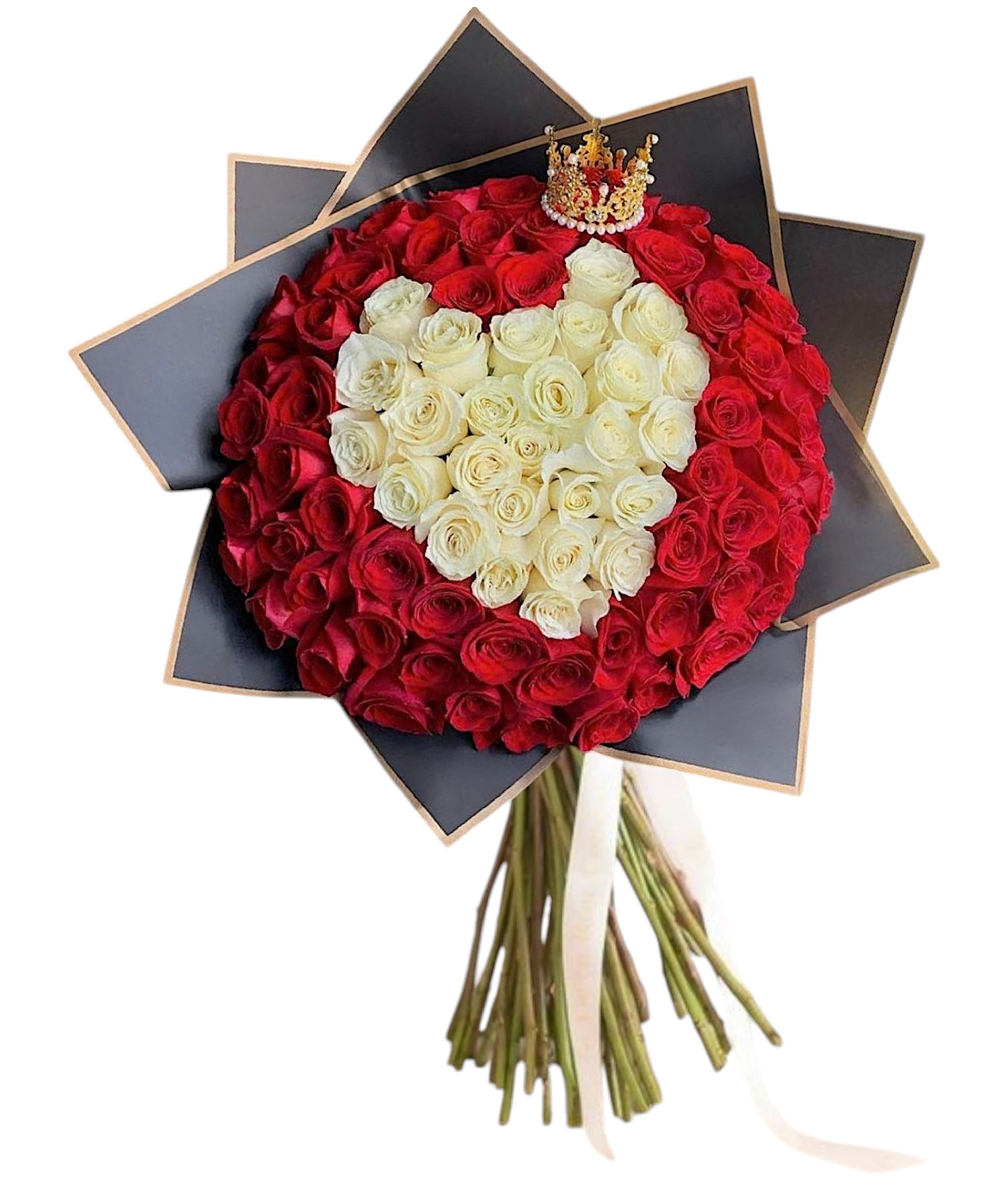 Red and white rose bouquet arranged in a heart shape with a small crown topper