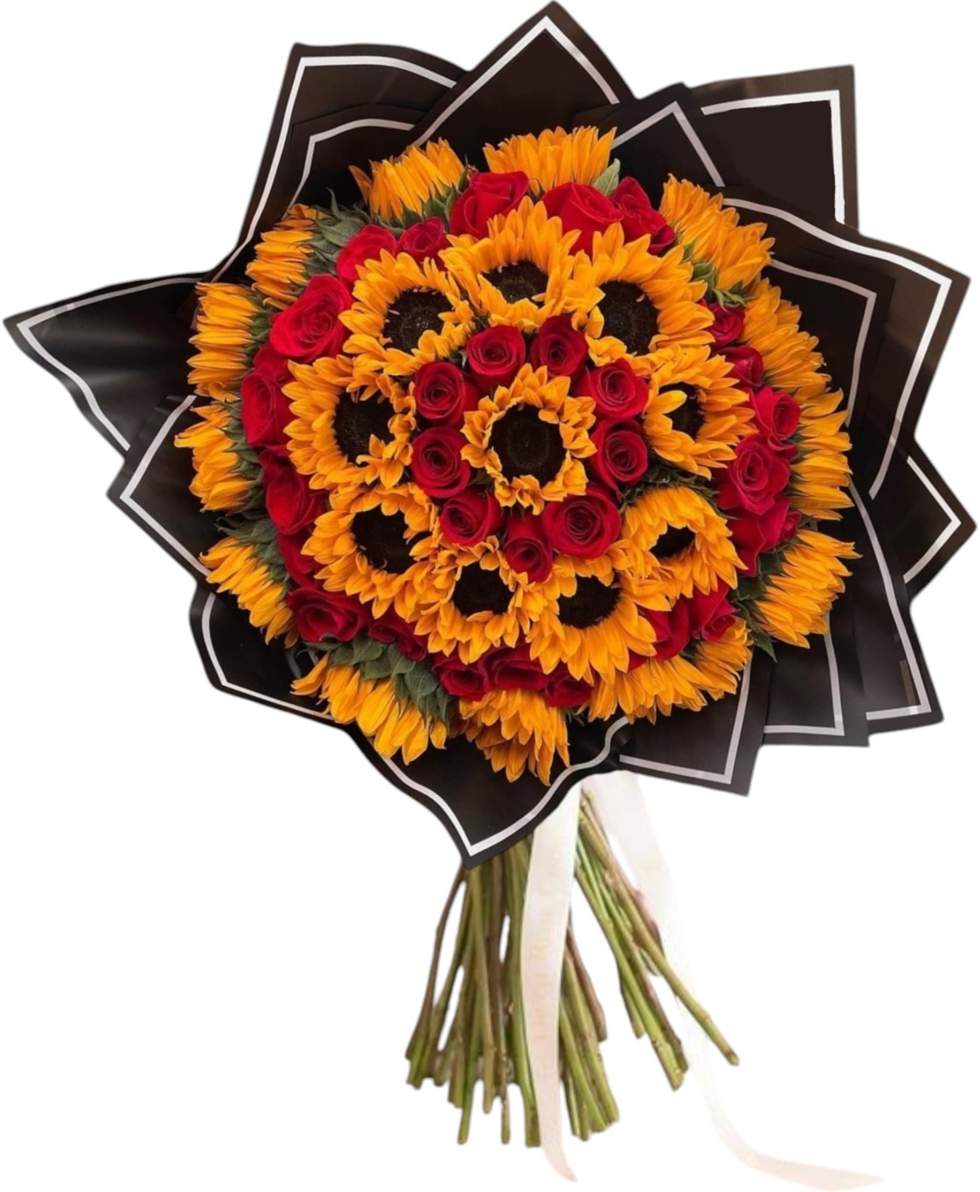 I Love You Sunshine - Ramo Buchon - This lovely bouquet will brighten their day. Perfect for any special occasion or just because they're special and deserve a Ramo Buchon Bouquet.  DETAILS The perfect pair of bright, beautiful yellow sunflowers are lovely with red roses. Wrapped in black paper and tied with a satin ribbon.   DOES NOT INCLUDE A VASE. Orientation: All-Around #NF-505  FLORIST-TO-DOOR Same day flower delivery on most orders placed online by 12 pm or 10 am on weekends PST.  BLOOM DETAILS Roses Sunflowers  The Standard Bouquet - 30 Roses &amp; 23 Yellow Sunflowers (SHOWN) The Deluxe Bouquet - 40 Roses &amp; 25 Yellow Sunflowers The Premium Bouquet - 50 Roses &amp; 25 Yellow Sunflowers  How to place an order? 1. You can place an order directly on this secure website OR 2. You can call in your order by dialing: (323) 262 - 9238 OR 3. You can visit our store (appointment recommended 323.262.9238)  NINFA'S FLOWERS 2405 WHITTIER BLVD. LOS ANGELES, CA. 90023  ATTENTION: *Please note that on busy holidays, Valentine's Day, and Mother's Day, we cannot verify if the recipient received the flowers until the following day. You can verify delivery on the website after 10:00 pm, call 323.262.9238 the following day after 10:00 am, or contact the recipient directly. Thank you for your patience and understanding.