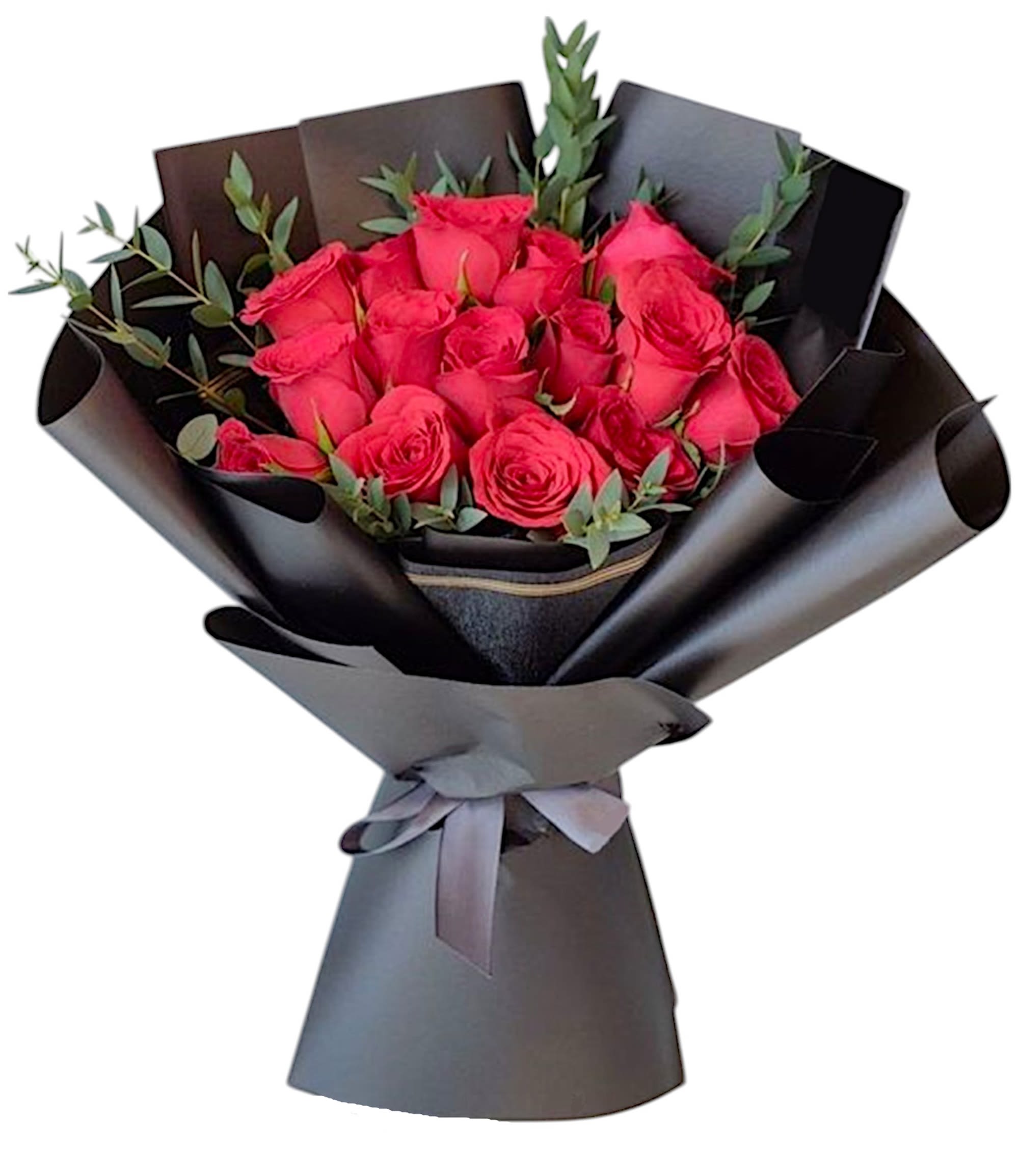 Bouquet of pink roses wrapped in black paper