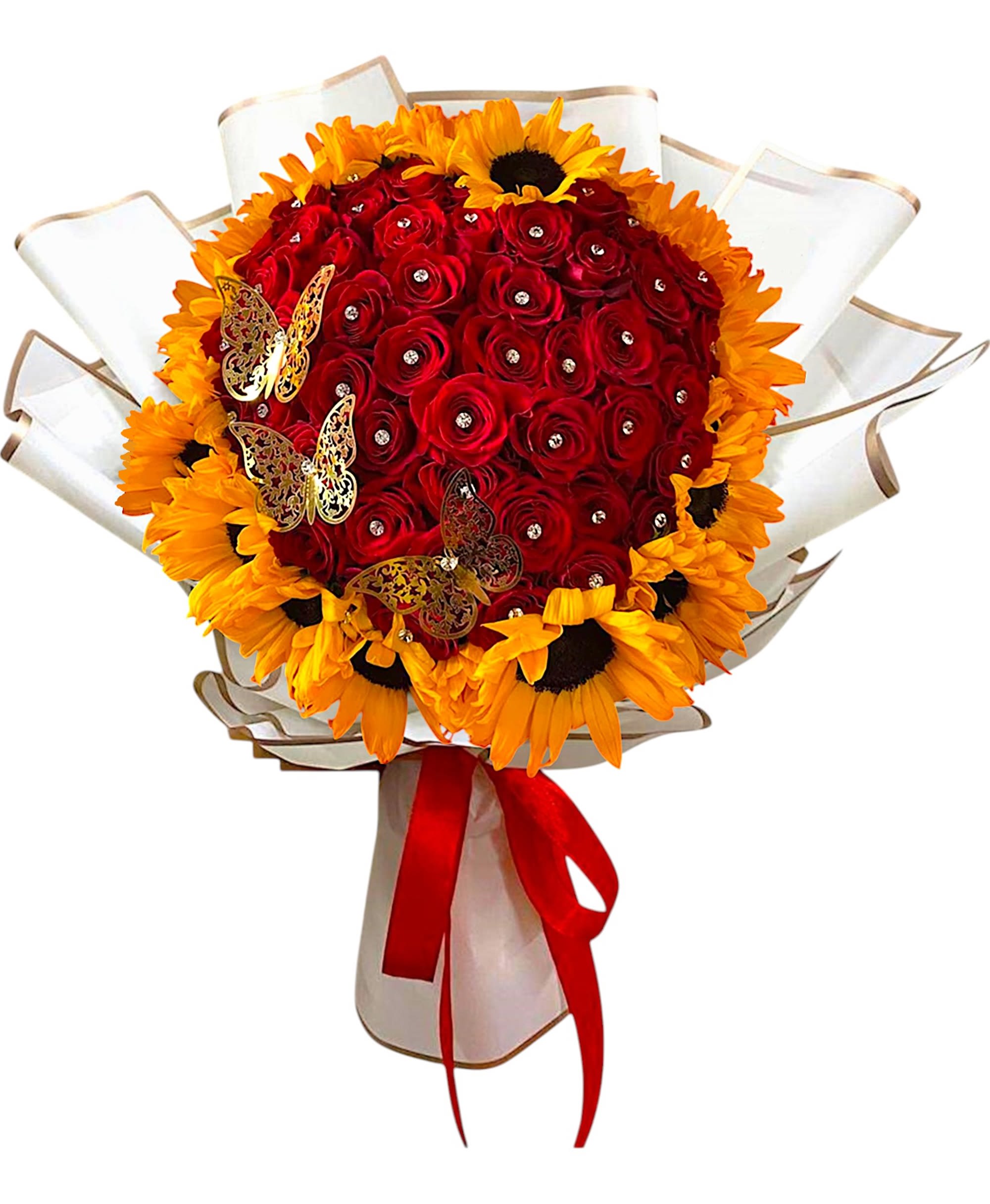 Bouquet of red roses and yellow sunflowers with a red ribbon