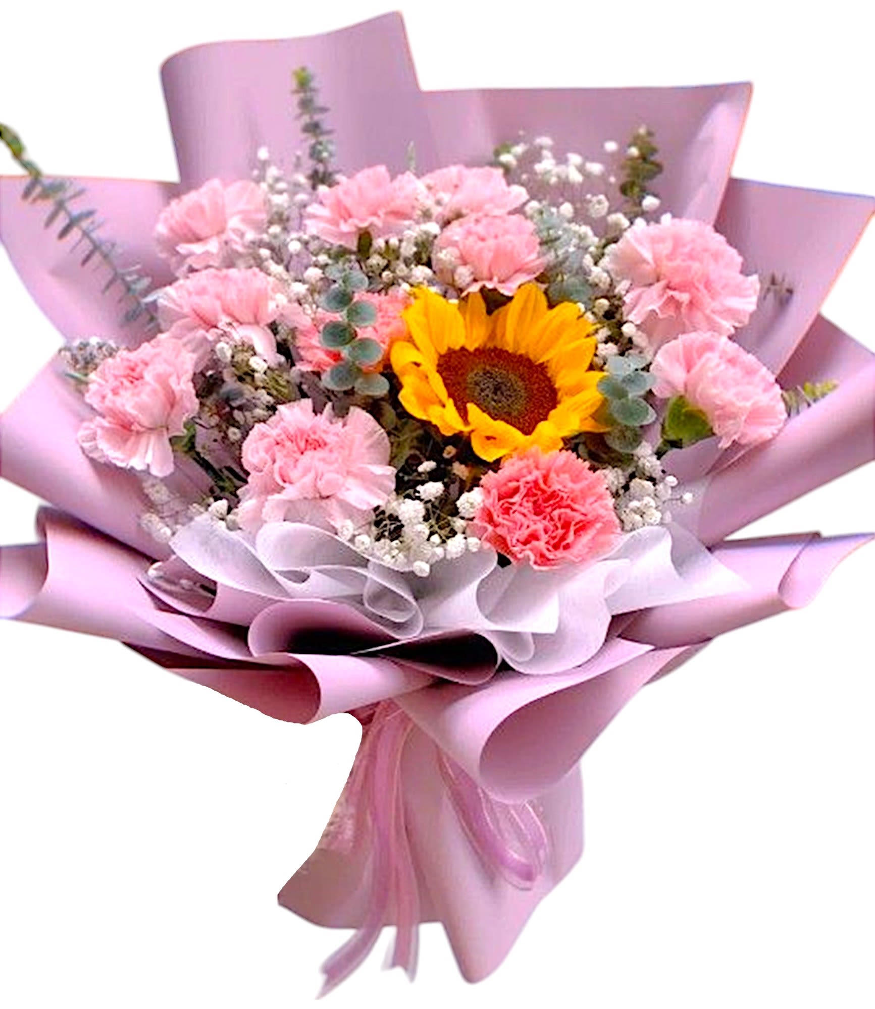 Pink carnation and sunflower bouquet wrapped in lavender paper
