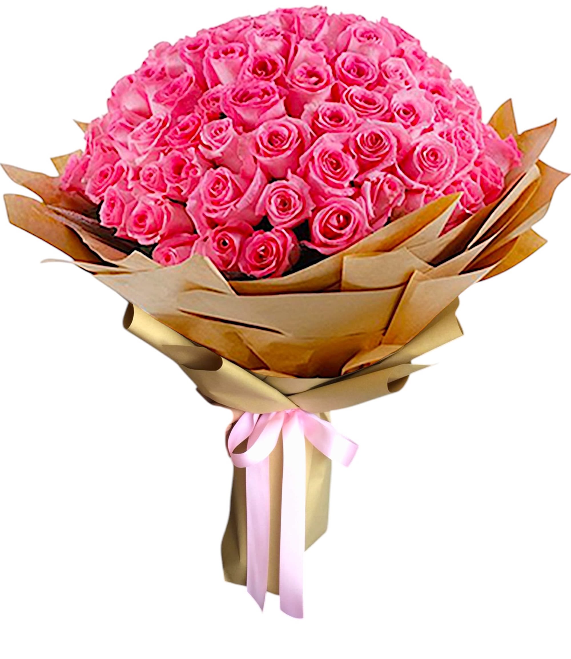 Pink Perfection Bouquet - Ramo Buchon - Surprise them with this beautiful bouquet of pink roses to show your admiration. This is a great gift for someone special. This bouquet is perfect to express not only your admiration but also your gratitude, friendship, and to represent hope and solidarity.  DETAILS A bouquet of pink roses wrapped in brown kraft paper.   VASE NOT INCLUDED Orientation: All-Around Item #NF-511  FLORIST-TO-DOOR Same day flower delivery on most orders placed online by 12 pm or 10 am on weekends PST.  BLOOM DETAILS Roses  The Standard Bouquet - 75 Pink Roses (SHOWN)  The Deluxe Bouquet - 85 Pink Roses The Premium Bouquet - 95 Pink Roses  How to place an order?  1. You can place an order directly on this secure website. 2. You can call in your order by dialing: (323) 262 - 9238 3. You can visit our store (appointment recommended 323.262.9238)  NINFA'S FLOWERS 2405 WHITTIER BLVD. LOS ANGELES, CA. 90023  ATTENTION: *Please note that on busy holidays, Valentine's Day, and Mother's Day, we cannot verify if the recipient received the flowers until the following day. You can verify delivery on the website after 10:00 pm, call 323.262.9238 the following day after 10:00 am, or contact the recipient directly. Thank you for your patience and understanding.