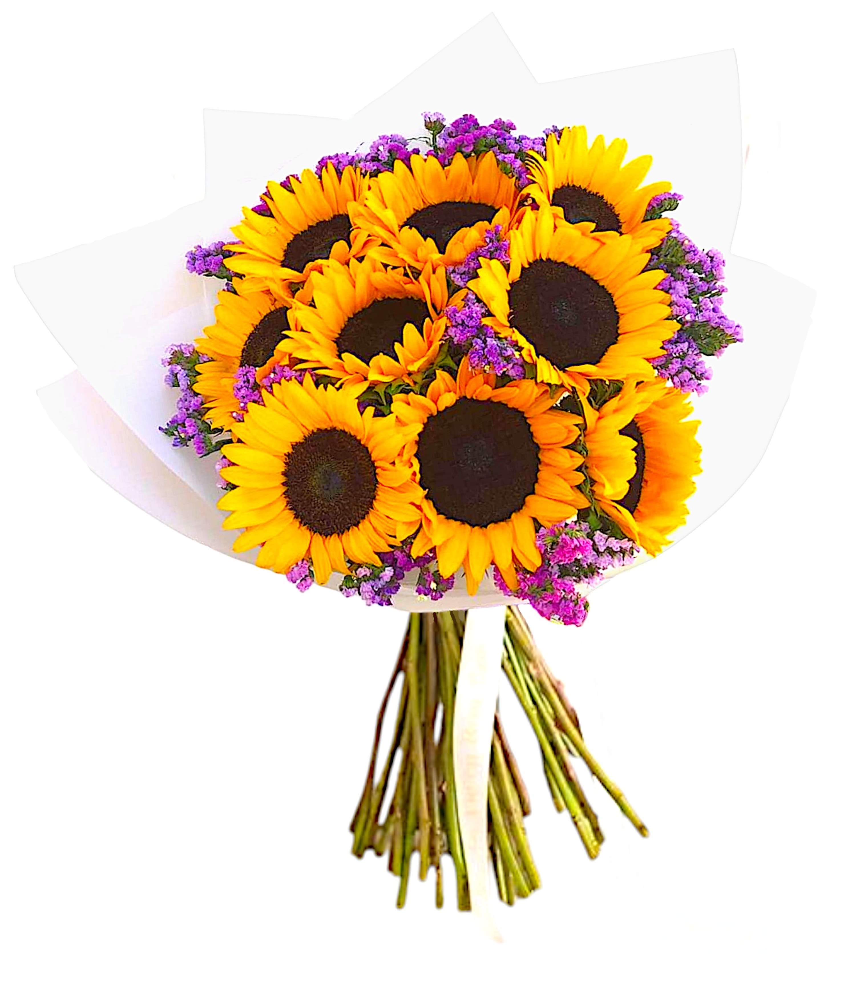 Sunshine Love - Surprise them with a lovely bouquet of sunflowers. They'll be dazzled by this classic gift - and impressed by your impeccable taste.  DETAILS A bouquet of yellow sunflowers with statice filler is wrapped in paper.  VASE NOT INCLUDED Orientation: One-Sided Item #NF-516  FLORIST-TO-DOOR Same day flower delivery on most orders placed online by 12 pm or 10 am on weekends PST.  BLOOM DETAILS Sunflowers Statice Filler  The Standard Bouquet (Shown) - 9 Sunflowers The Deluxe Bouquet - 10 Sunflowers The Premium Bouquet - 15 Sunflowers  How to place an order?  1. You can place an order directly on this secure website. 2. You can call in your order by dialing: (323) 262 - 9238 3. You can visit our store (appointment recommended 323.262.9238)  NINFA'S FLOWERS 2405 WHITTIER BLVD. LOS ANGELES, CA. 90023  ATTENTION: *Please note that on busy holidays, Valentine's Day, and Mother's Day, we cannot verify if the recipient received the flowers until the following day. You can verify delivery on the website after 10:00 pm, call 323.262.9238 the following day after 10:00 am, or contact the recipient directly. Thank you for your patience and understanding.