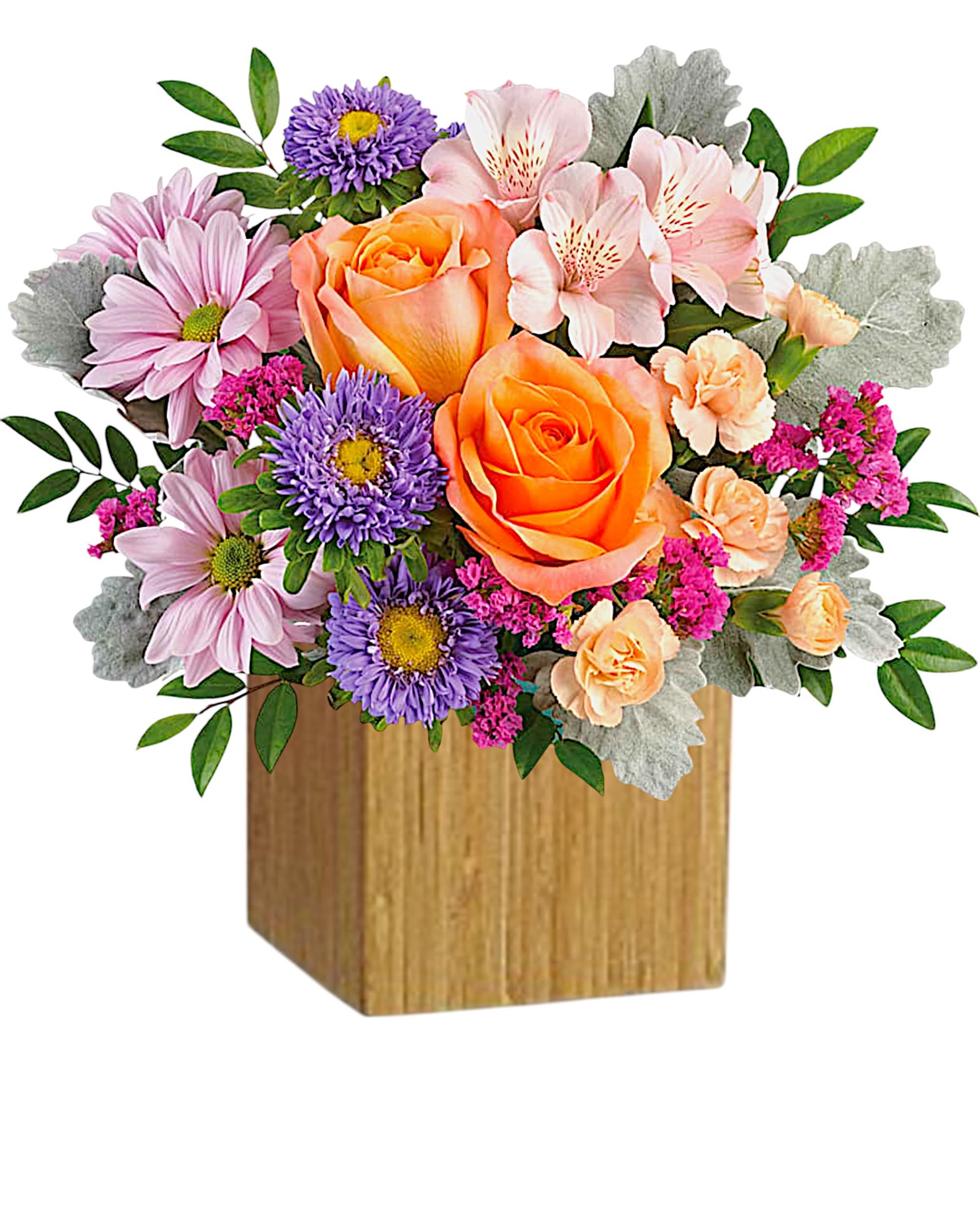 Mixed bouquet with orange roses, pink daisies, and purple asters in a wooden box