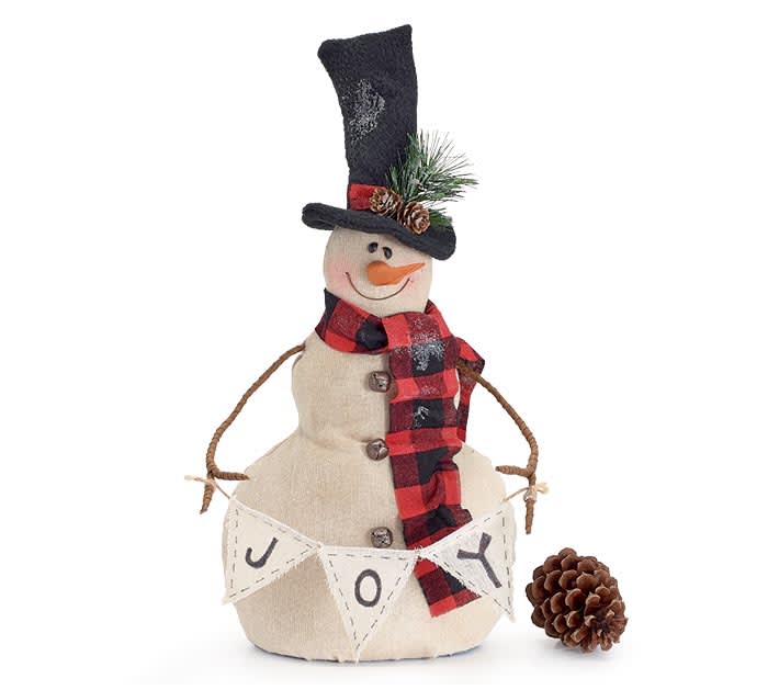 Fabric snowman decoration with a top hat, scarf, and JOY banner