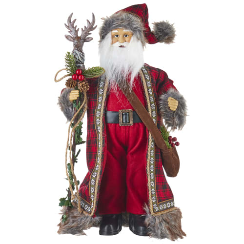 Santa figurine in a red plaid coat holding a staff and wearing a fur-trimmed hat