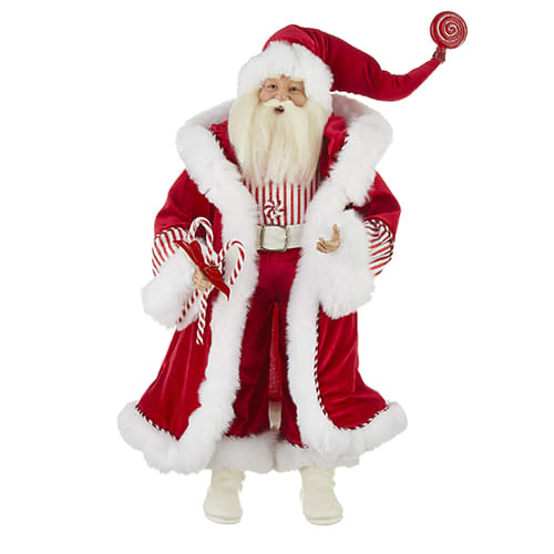 Santa figurine in a red velvet coat holding candy canes