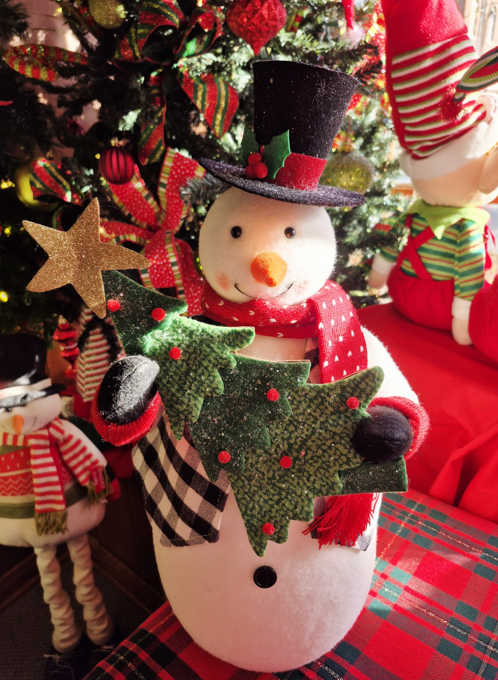 Decorative snowman figurine with a top hat and scarf in front of a Christmas tree