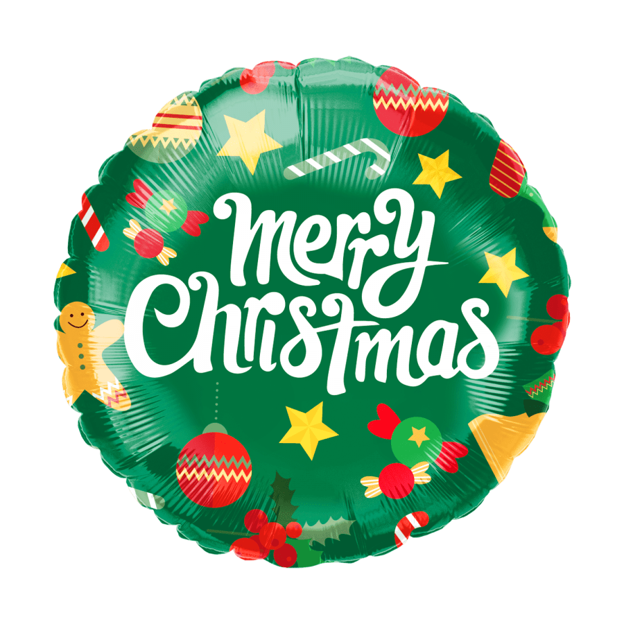 Round green balloon with "Merry Christmas" text and holiday icons