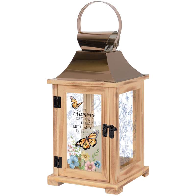 Wooden memorial lantern with butterfly and floral print panels