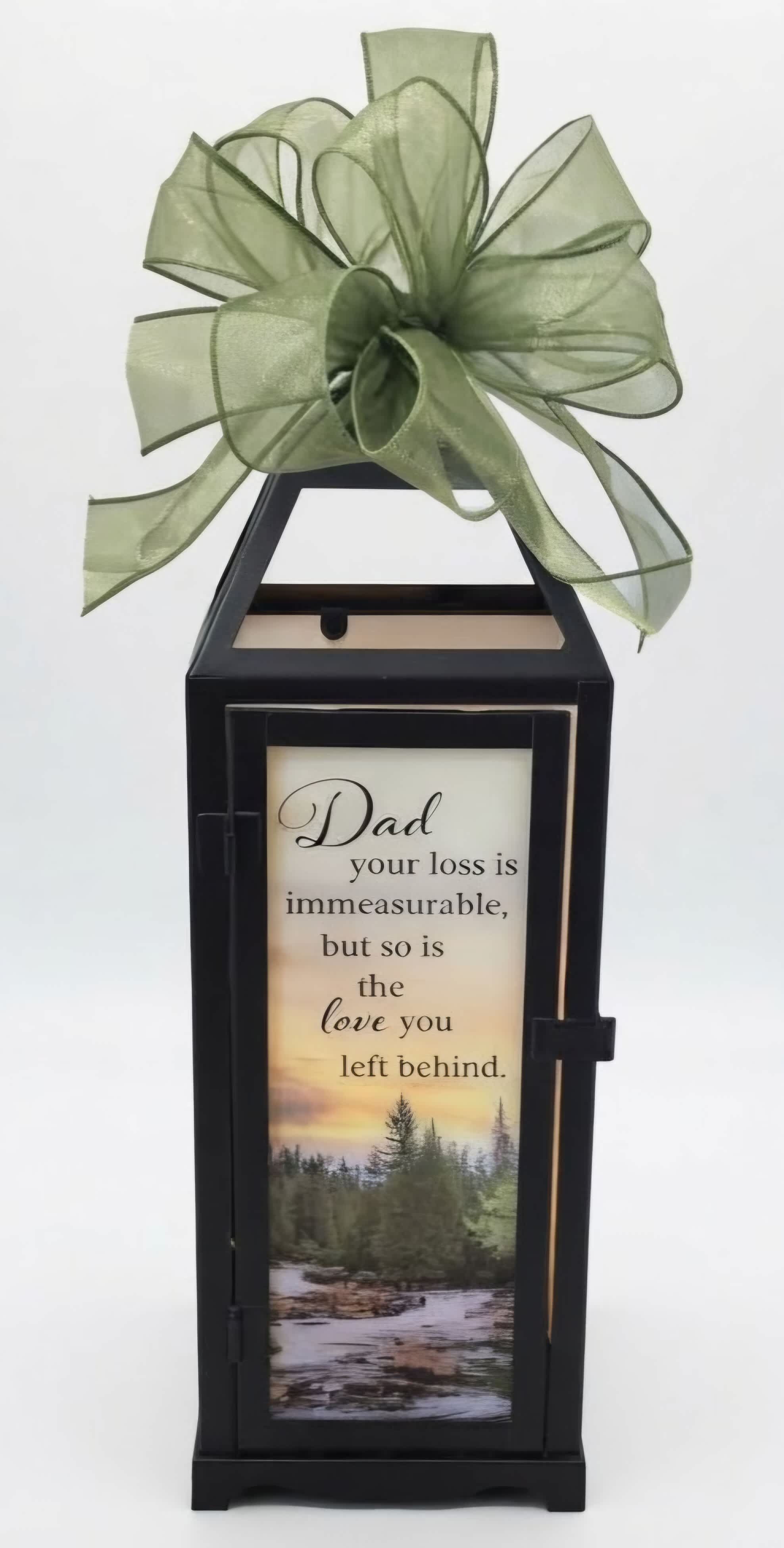 Black memorial lantern with a green bow and sympathy message for Dad