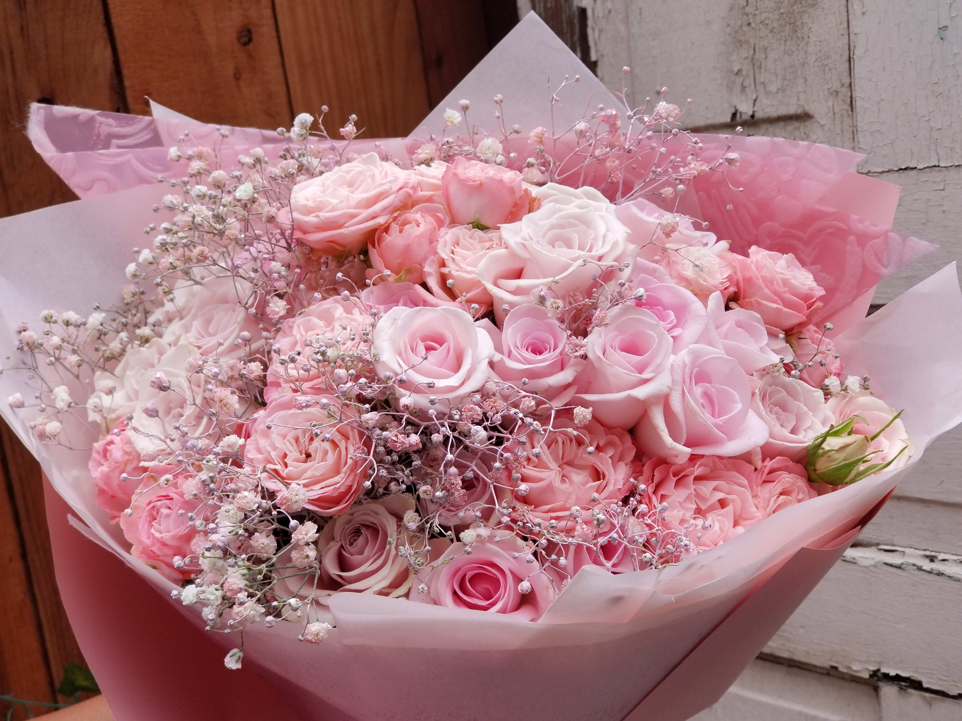 Bouquet of pink roses wrapped in pink paper