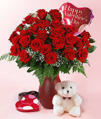 ALWAYS AND FOREVER YOURS COMBO - INCLUDES 2 DOZ ROSES IN A VASE, I LOVE YOU BALLOON, SMALL BOX OF CHOCOLATES AND SMALL TEDDY PLUSH BEAR.