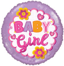 Round lavender balloon with 'Baby Girl' text and pink and yellow flower graphics