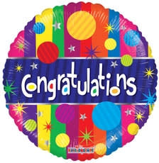 Round foil 'Congratulations' balloon with colorful stripes, circles, and stars