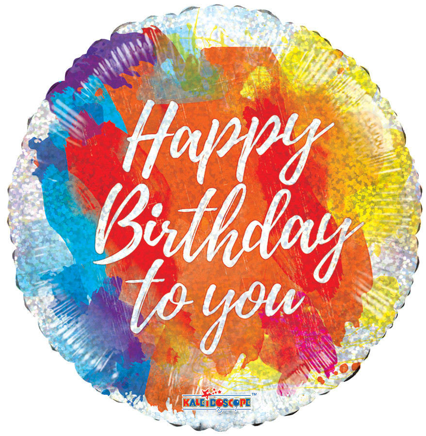 Round foil balloon with colorful paint strokes and Happy Birthday to you text