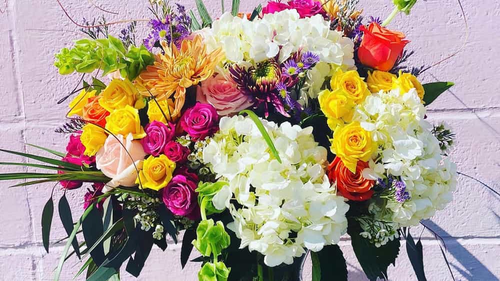 Colorful bouquet with roses, hydrangeas, and mixed blooms
