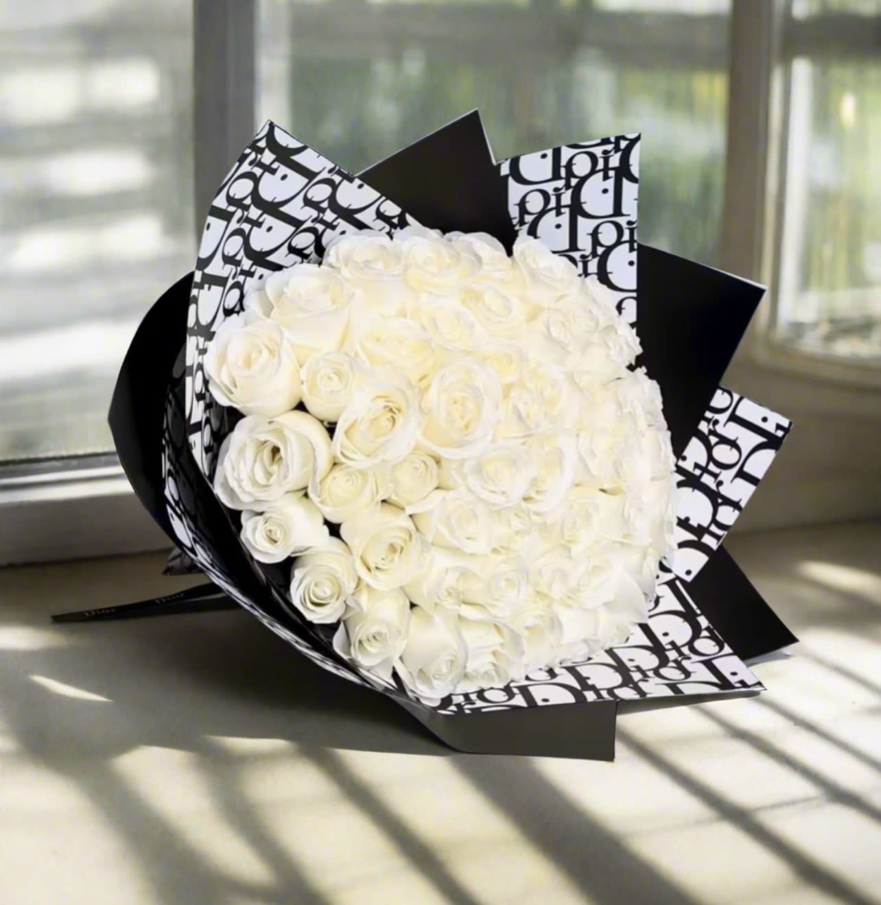 Bouquet of white roses wrapped in black-and-white patterned paper